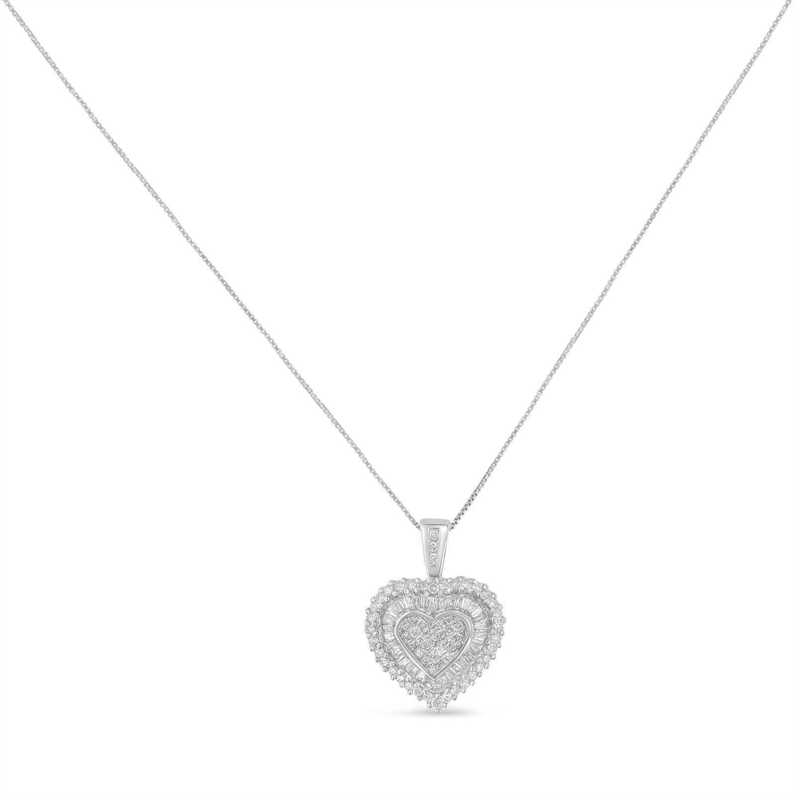 Let your love life touch the new heights of romance by giving her this beautiful diamond heart pendant. Encrusted with pave-set diamonds in multi-cuts the polished pendant is covered with white diamonds, which are princess, baguette, and round.