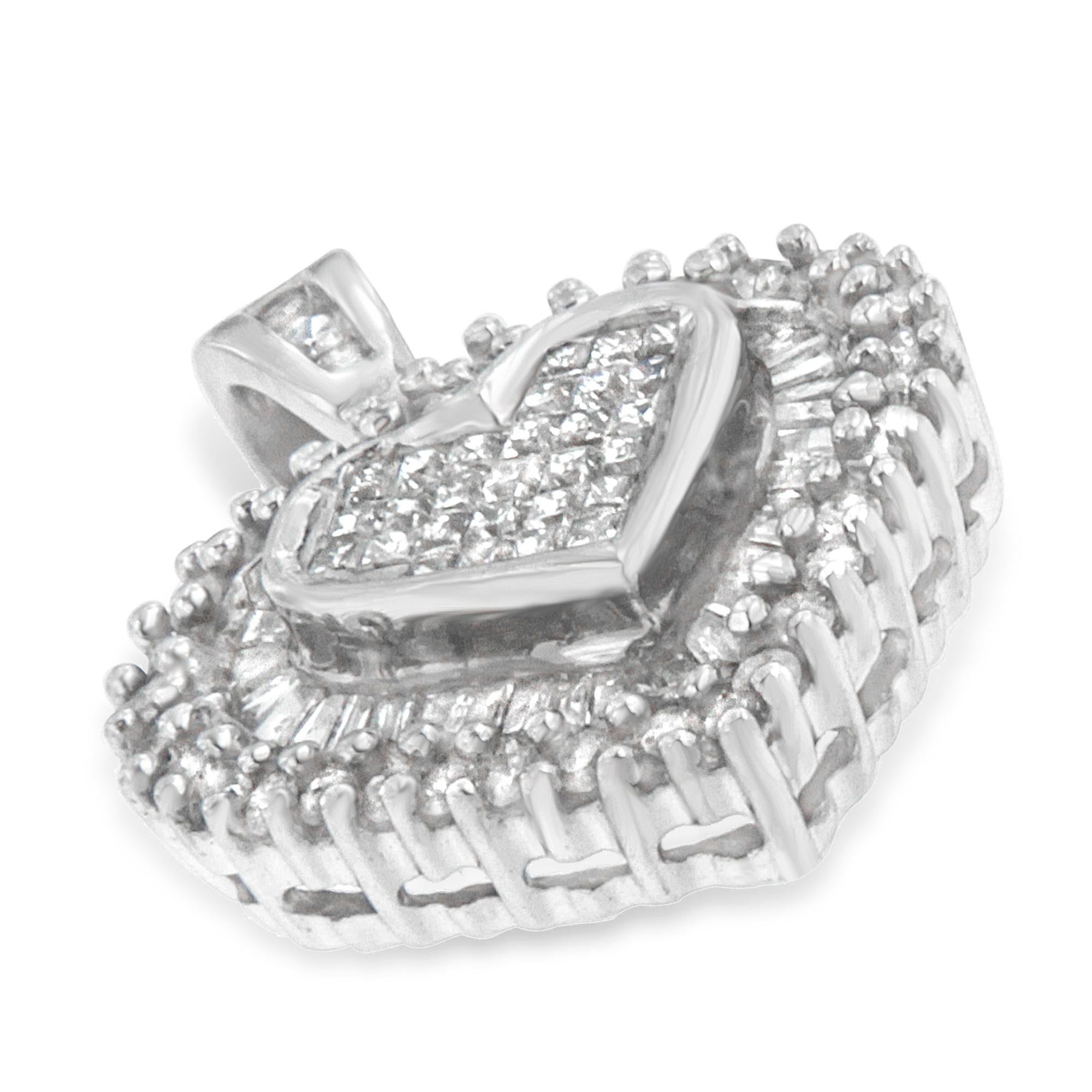 Round Cut 10K White Gold 1.0 Carat Multi Cut Diamond Heart Pendant Necklace For Sale