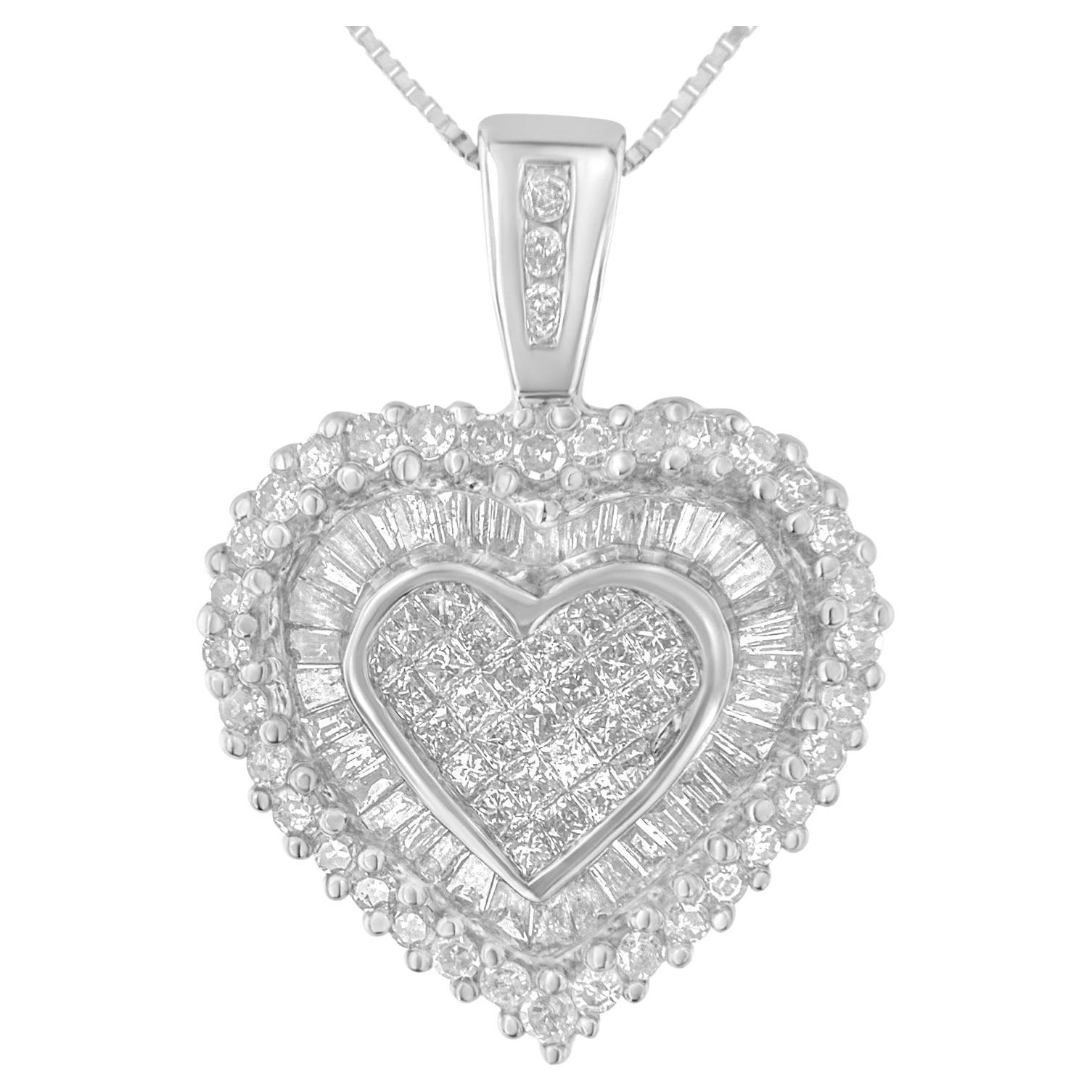 10K White Gold 1.0 Carat Multi Cut Diamond Heart Pendant Necklace For Sale
