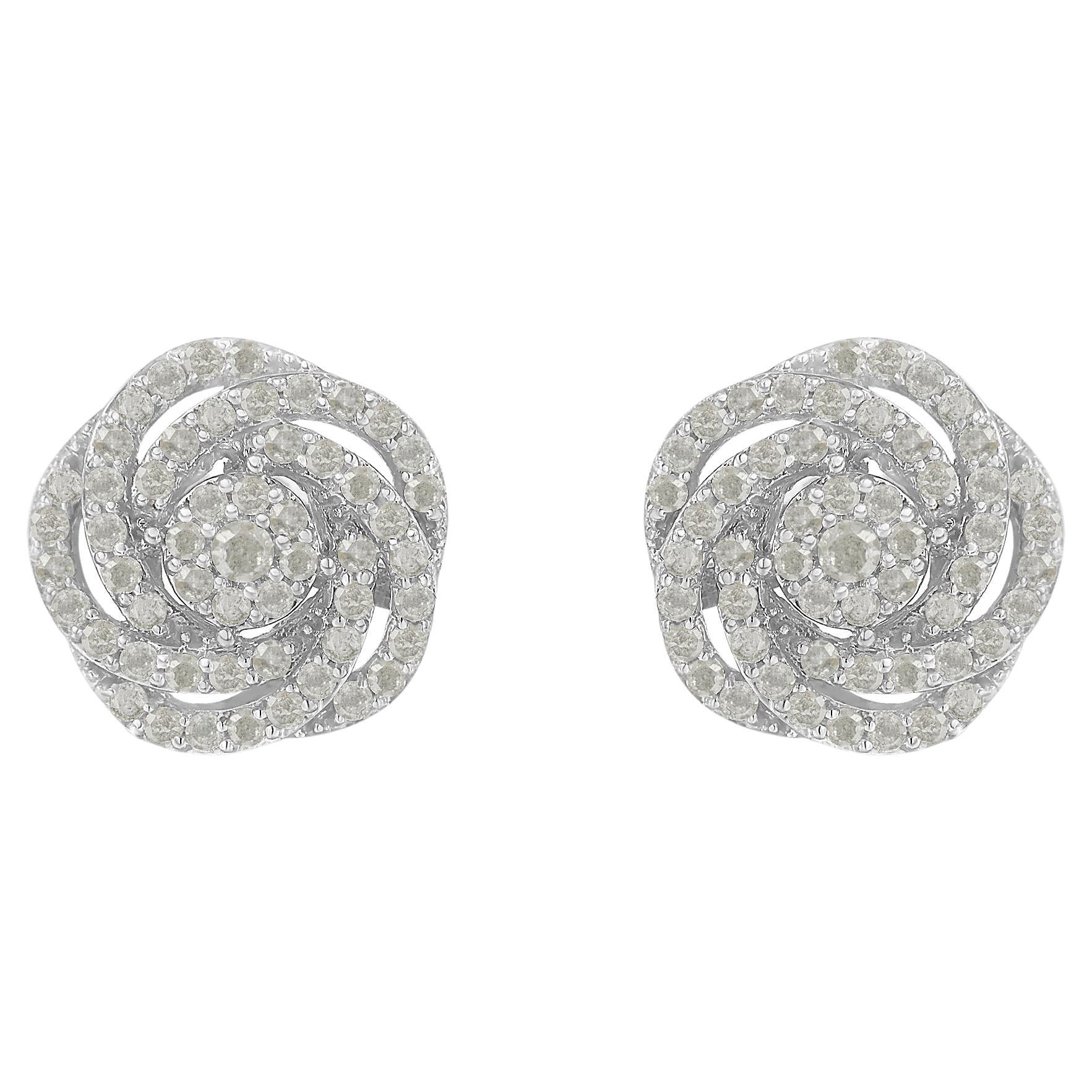 10K White Gold 1.0 Carat Rose-Cut Diamond Floral Cluster Earrings For Sale