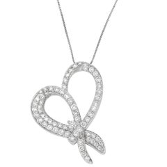 10K White Gold 1.0 Carat Round Cut Diamond Heart and Bow Pendant Necklace