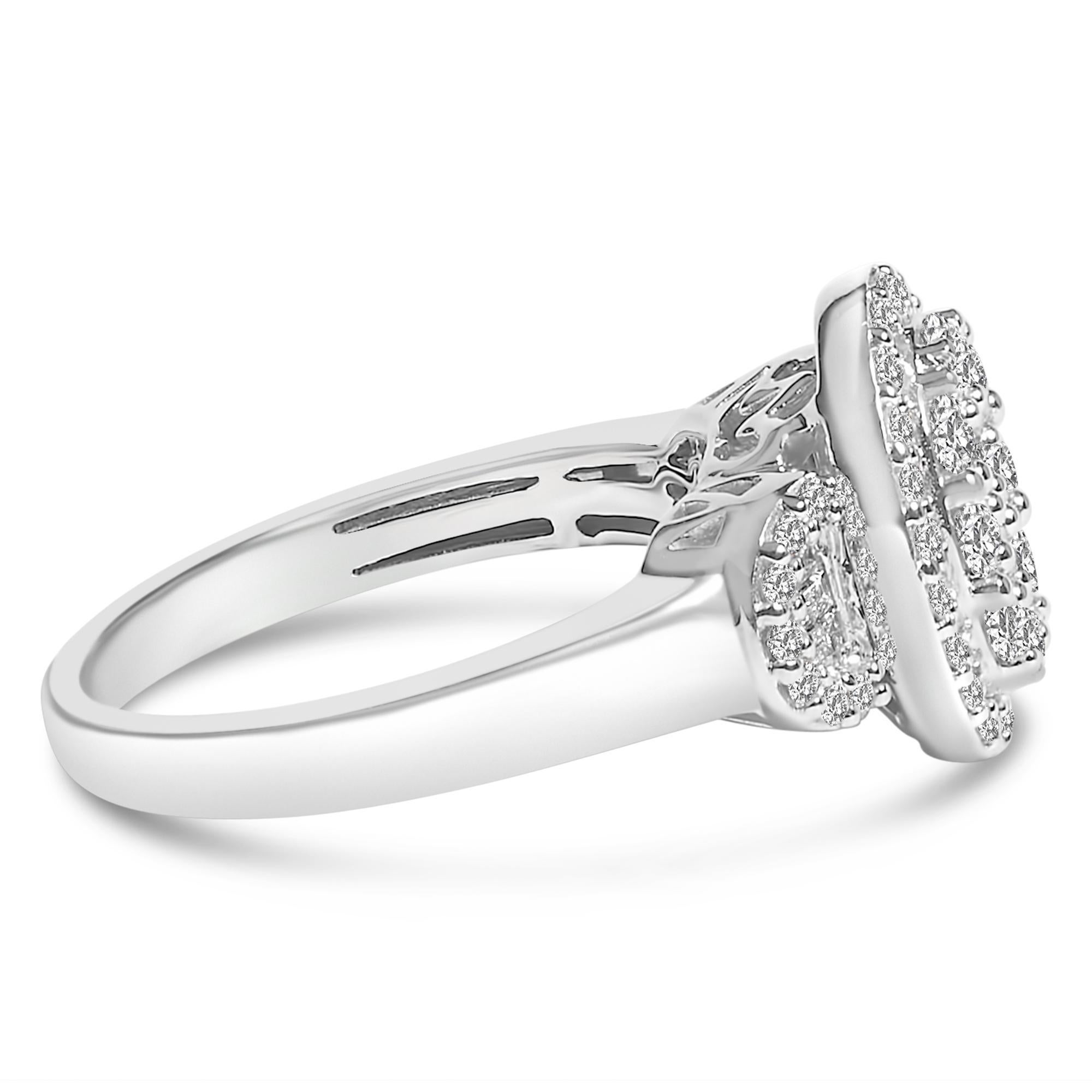Discover the elegance of eras past with this exquisite 10K white gold statement ring, plated in gleaming rhodium to heighten its luminosity. Natural diamonds totaling 1.0 carats, boasting G-H color and SI1-SI2 clarity, are meticulously arranged to