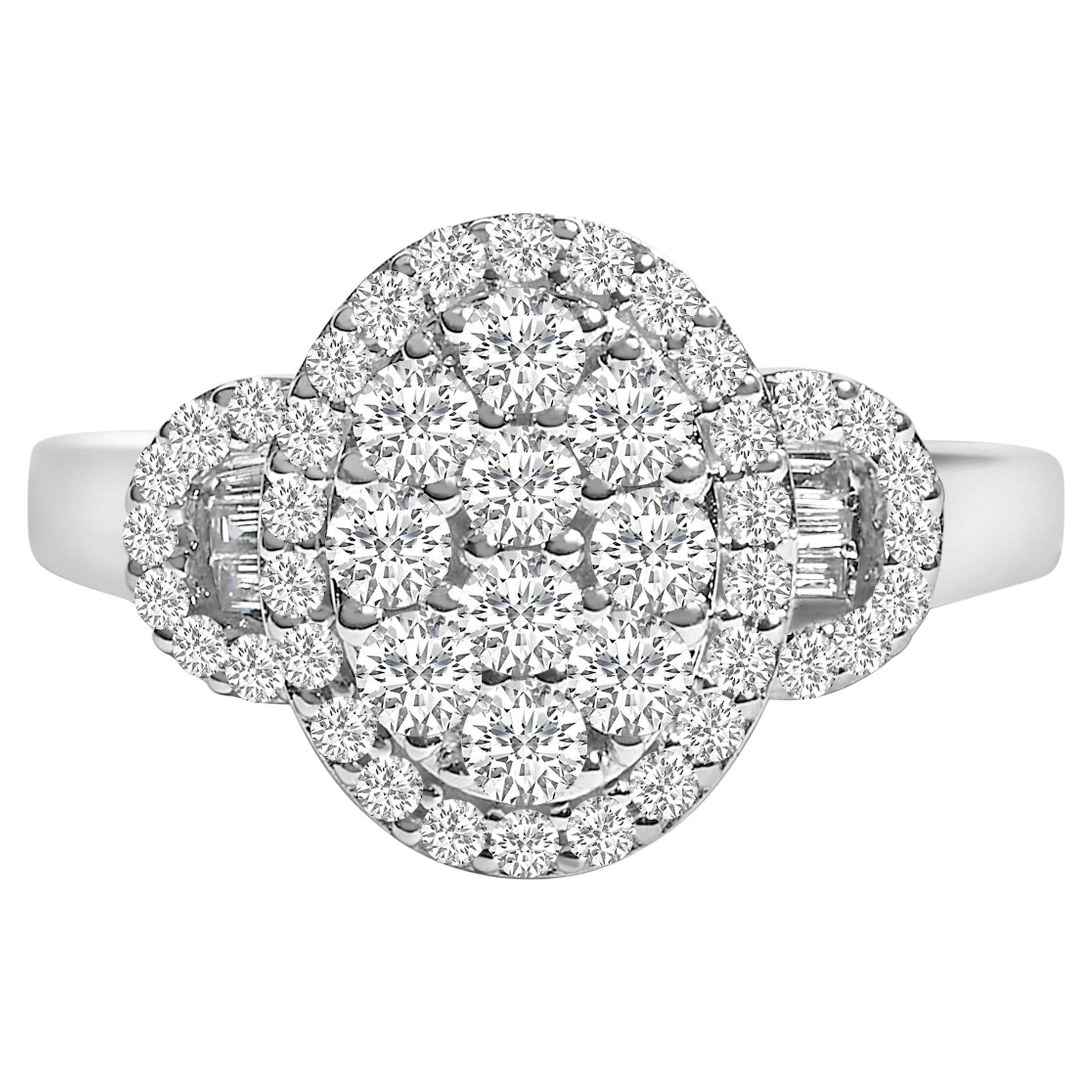 10K White Gold 1.0 Ct Real Diamond Oval Cluster Halo Art Deco 3 Stone Style Ring For Sale