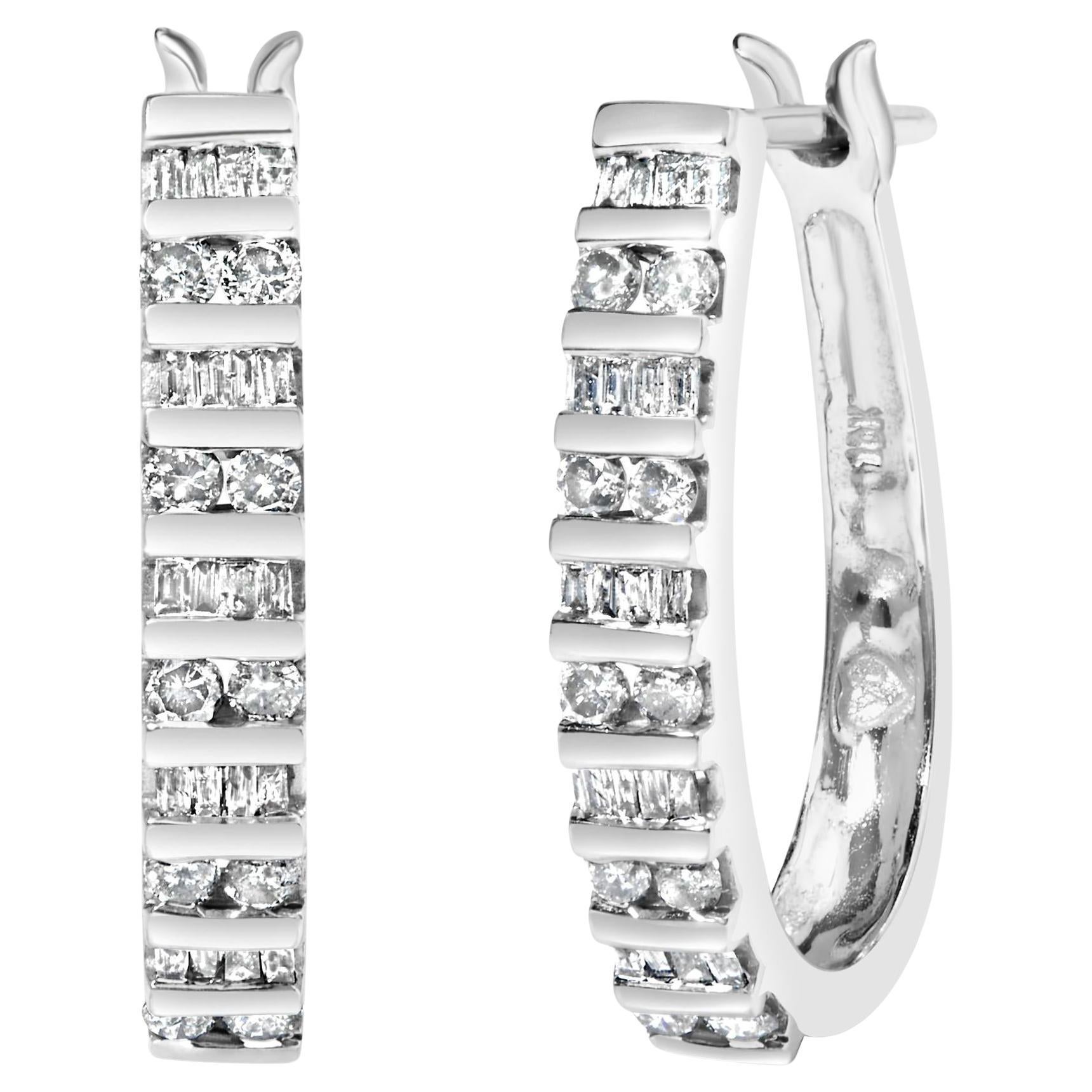 Orecchini a cerchio con diamanti alternati a "U" in oro bianco 10K da 1,0 Cttw