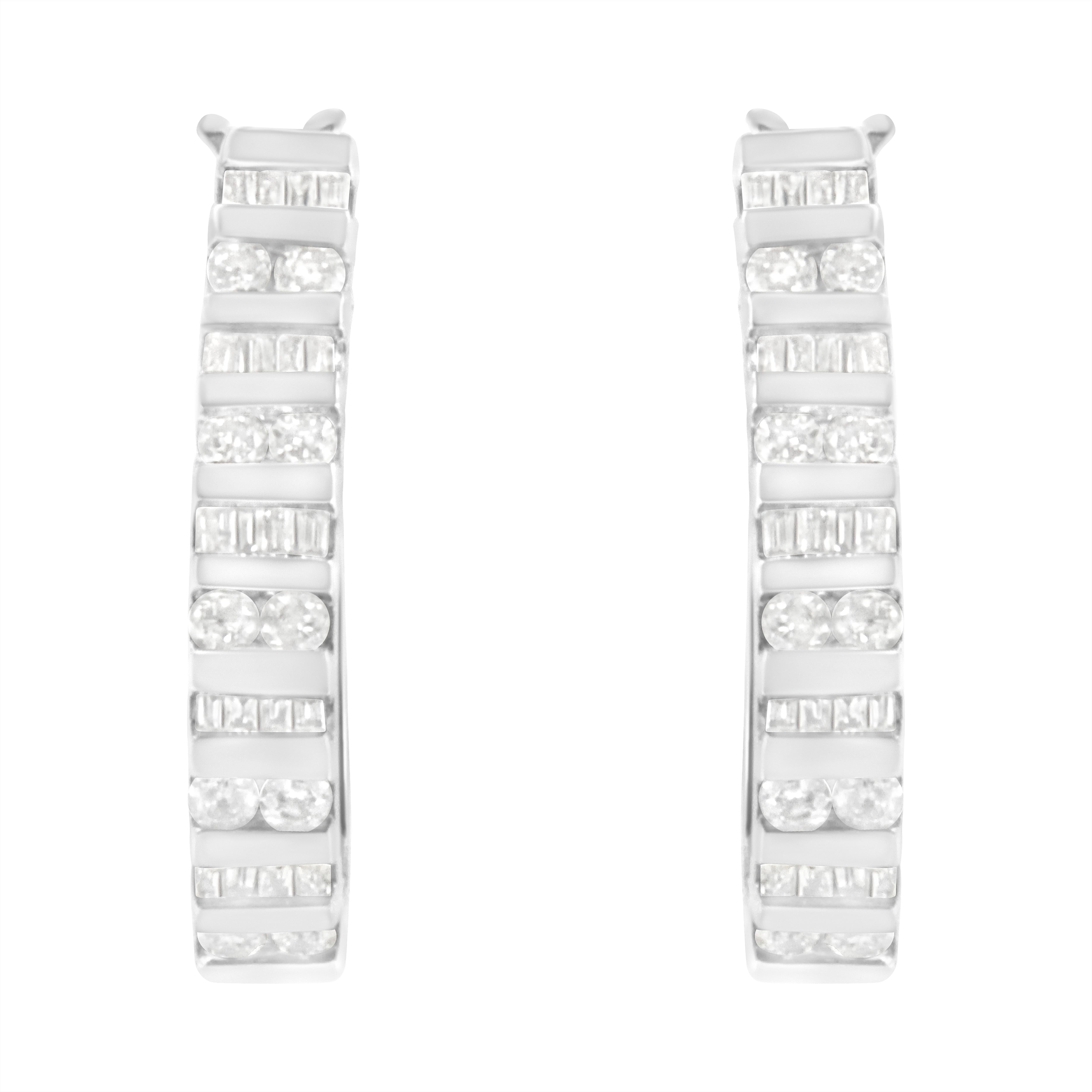 10 Karat Weißgold 1,0 Karat Weißgold Baguette- und runde Diamant-Creolen mit Brillantschliff (Zeitgenössisch) im Angebot