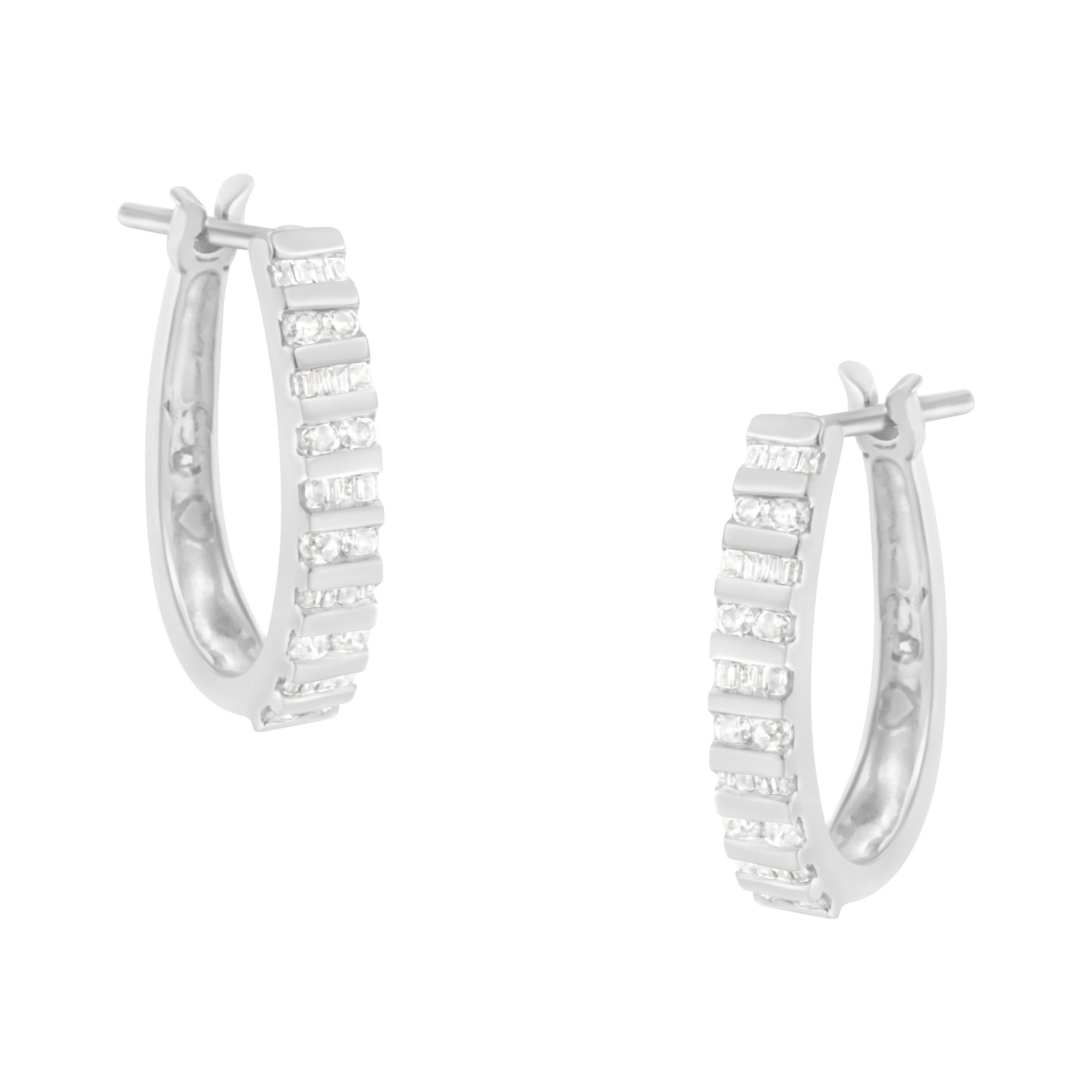 10K White Gold 1.0 Cttw Baguette & Round Brilliant-Cut Diamond Hoop Earrings