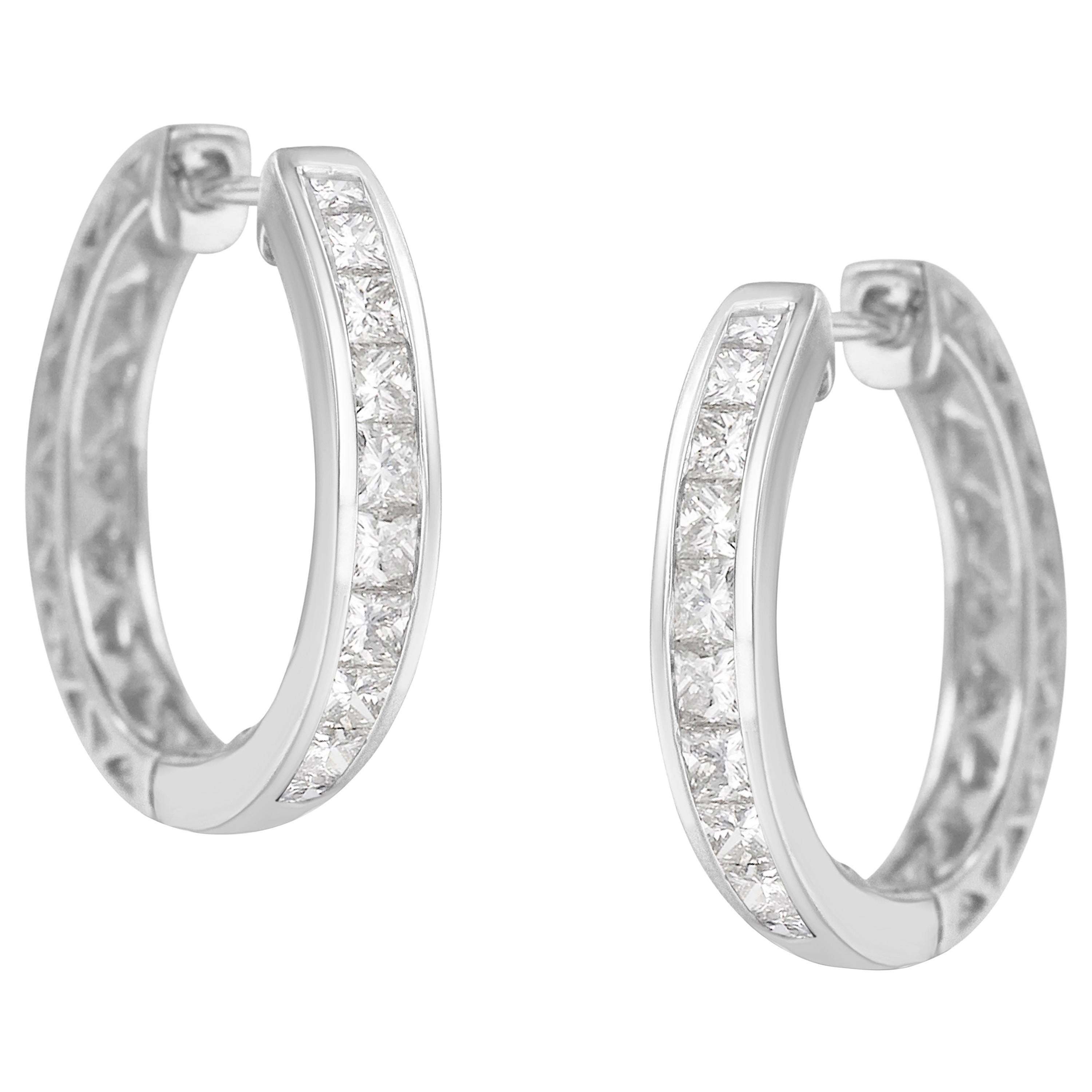 10K White Gold 1.0 Cttw Channel Set Princess-Cut Diamond Hoop Huggy Earrings