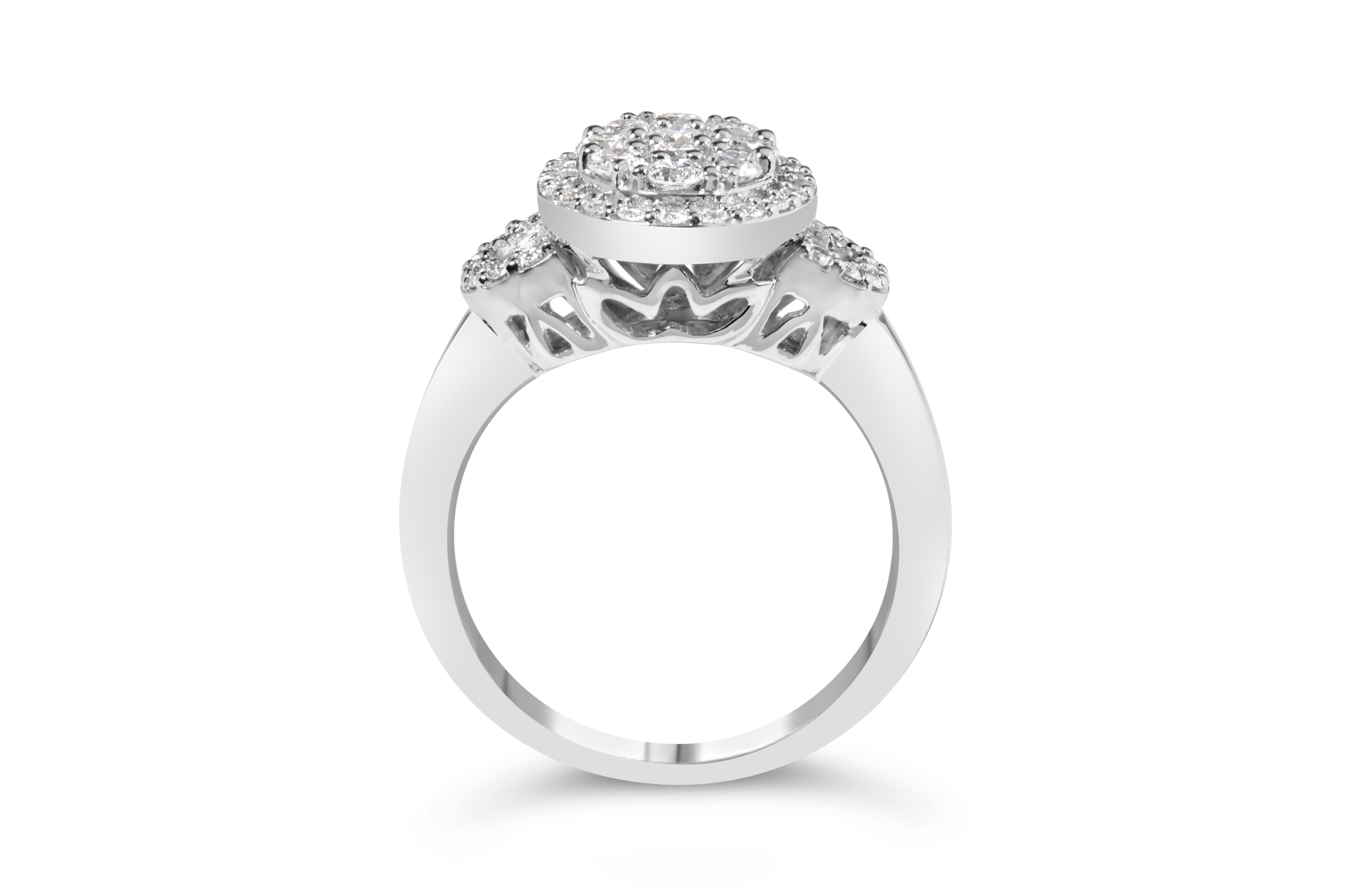 Round Cut 10K White Gold 1.0 Cttw Diamond Halo Vintage-Inspired Art Deco Buckle Style Ring