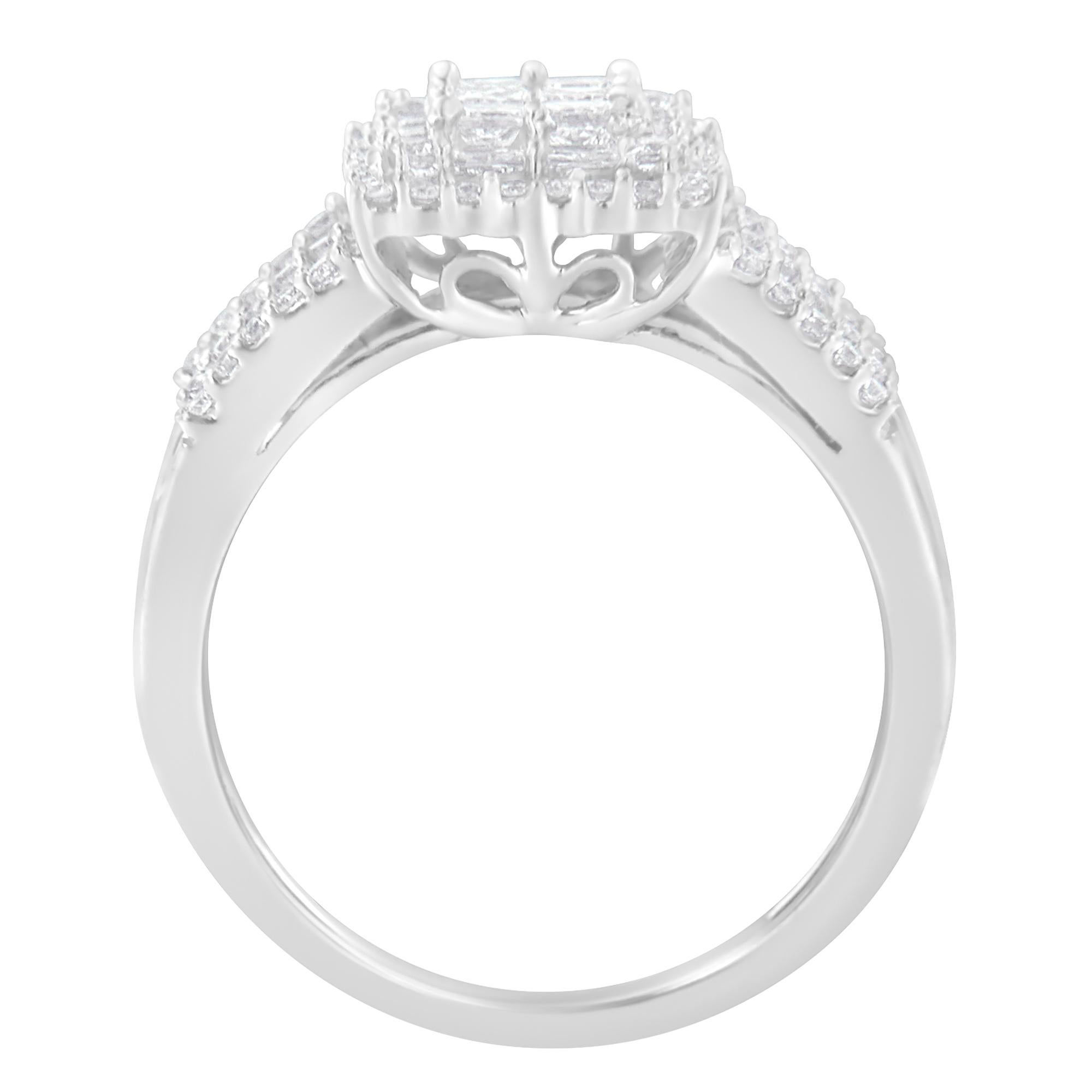 A diamond and gold cluster ring. The ring features 6 princess, 32 baguette, and 66 round diamonds together weighing 1 carat. They are set in a 10k white gold band. 'Video Available Upon Request'

Product features:

Diamond Type: Natural White