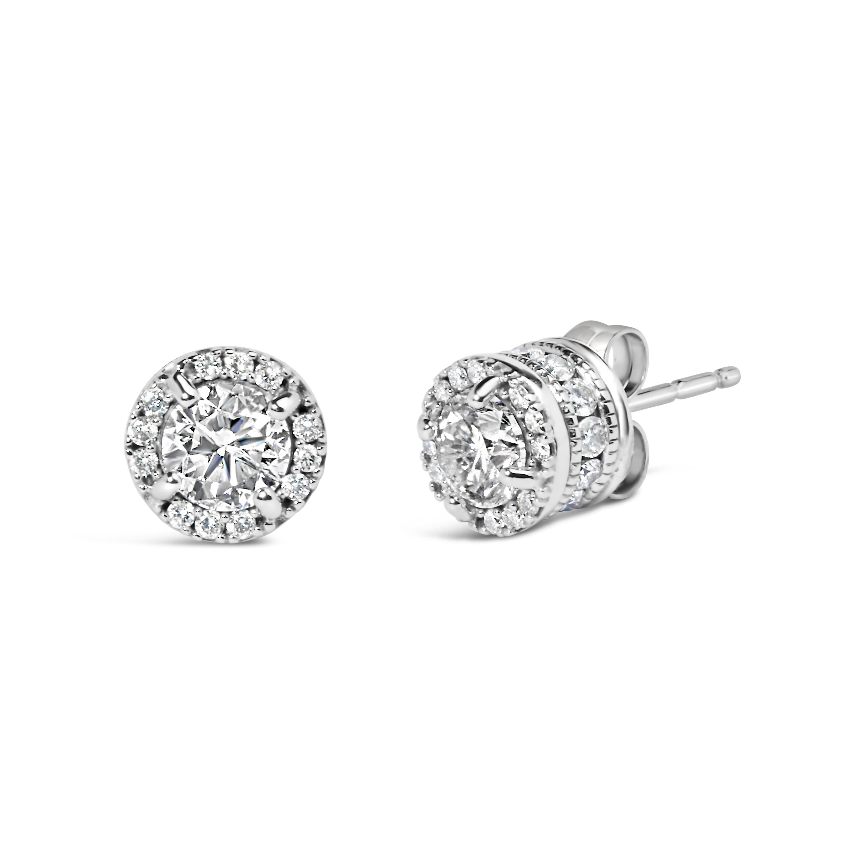 Embrace understated elegance with our Diamond Hidden Halo Stud Earrings, crafted from gleaming 10K white gold. Adorned with 50 natural round diamonds totaling 1.0 cttw, each stone set in a secure 4-prong setting. The H-I color diamonds dazzle with