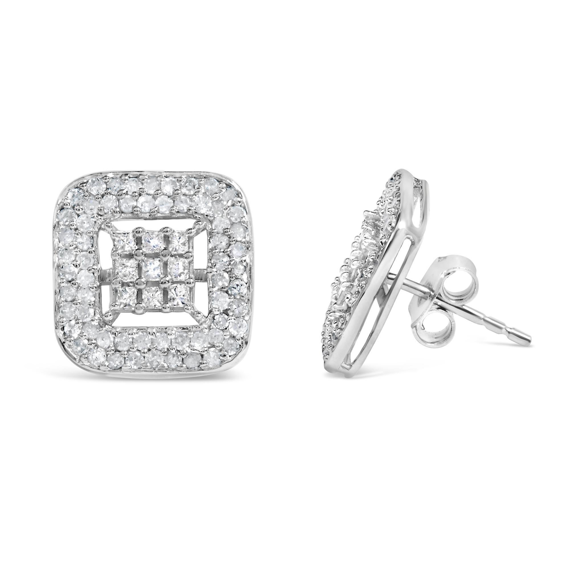 Moderno Orecchini con diamanti compositi e aureola in oro bianco 10K da 1,00 cttw in vendita
