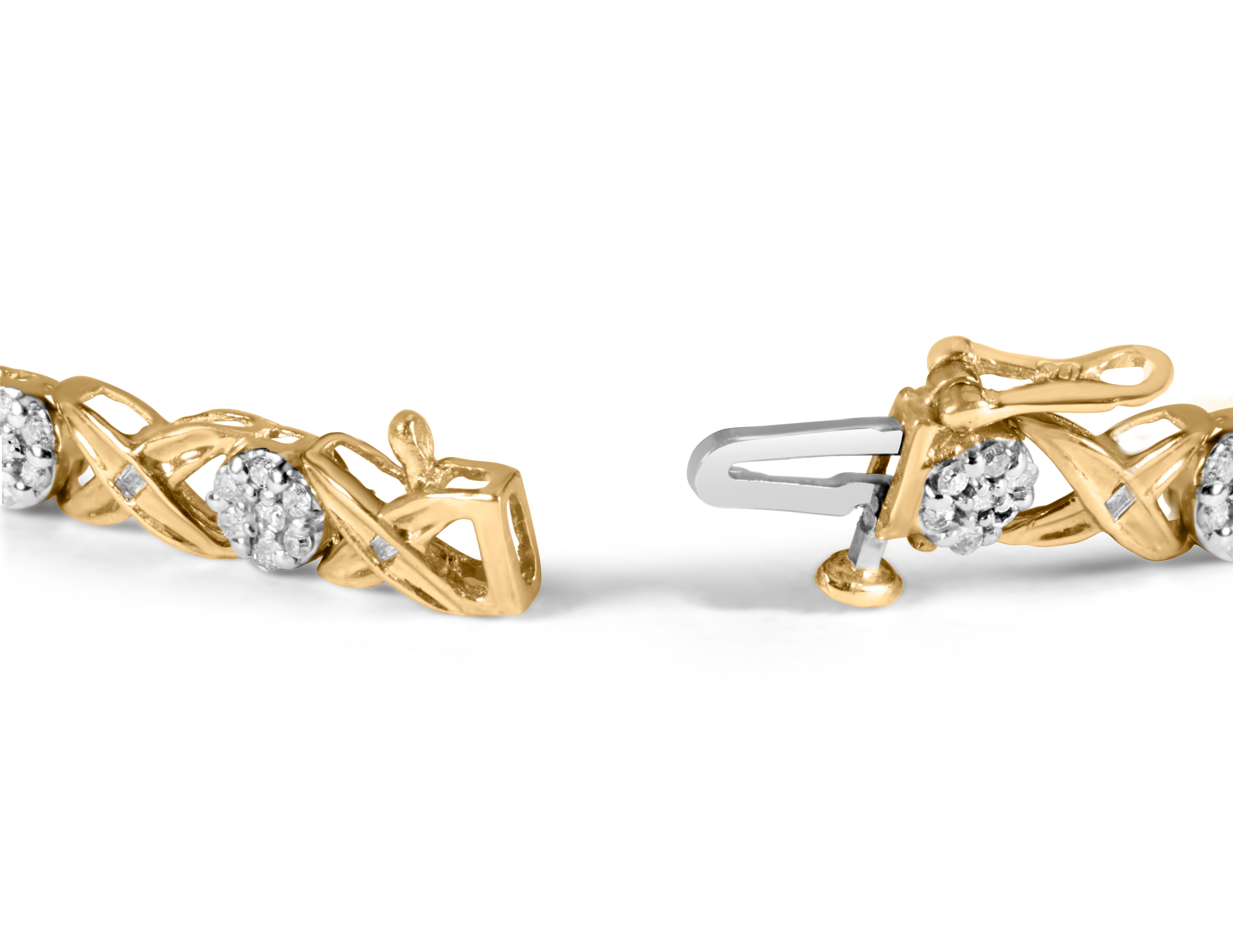 Concediti il lusso del nostro splendido bracciale di diamanti. Questo splendido pezzo presenta un design a grappolo floreale con un bracciale X-Link, realizzato in oro bianco 10K. Ornato da 144 diamanti naturali, per un totale di 1,00 cttw, questo