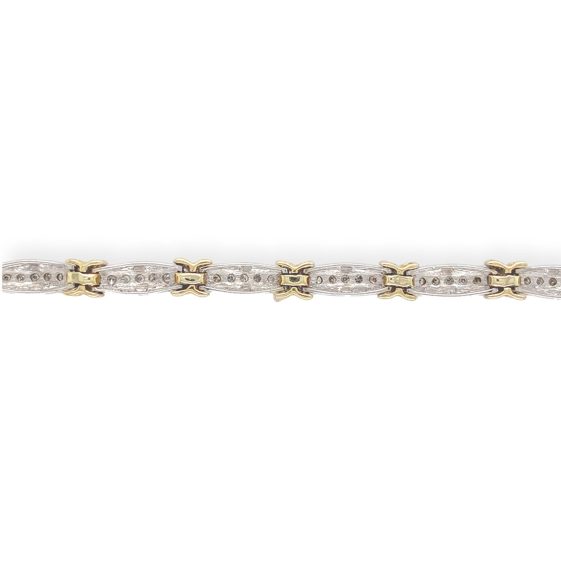 10K White Gold 1.40 carat tw Diamond Tennis Bracelet with Yellow Gold X Accents In Good Condition In Big Bend, WI