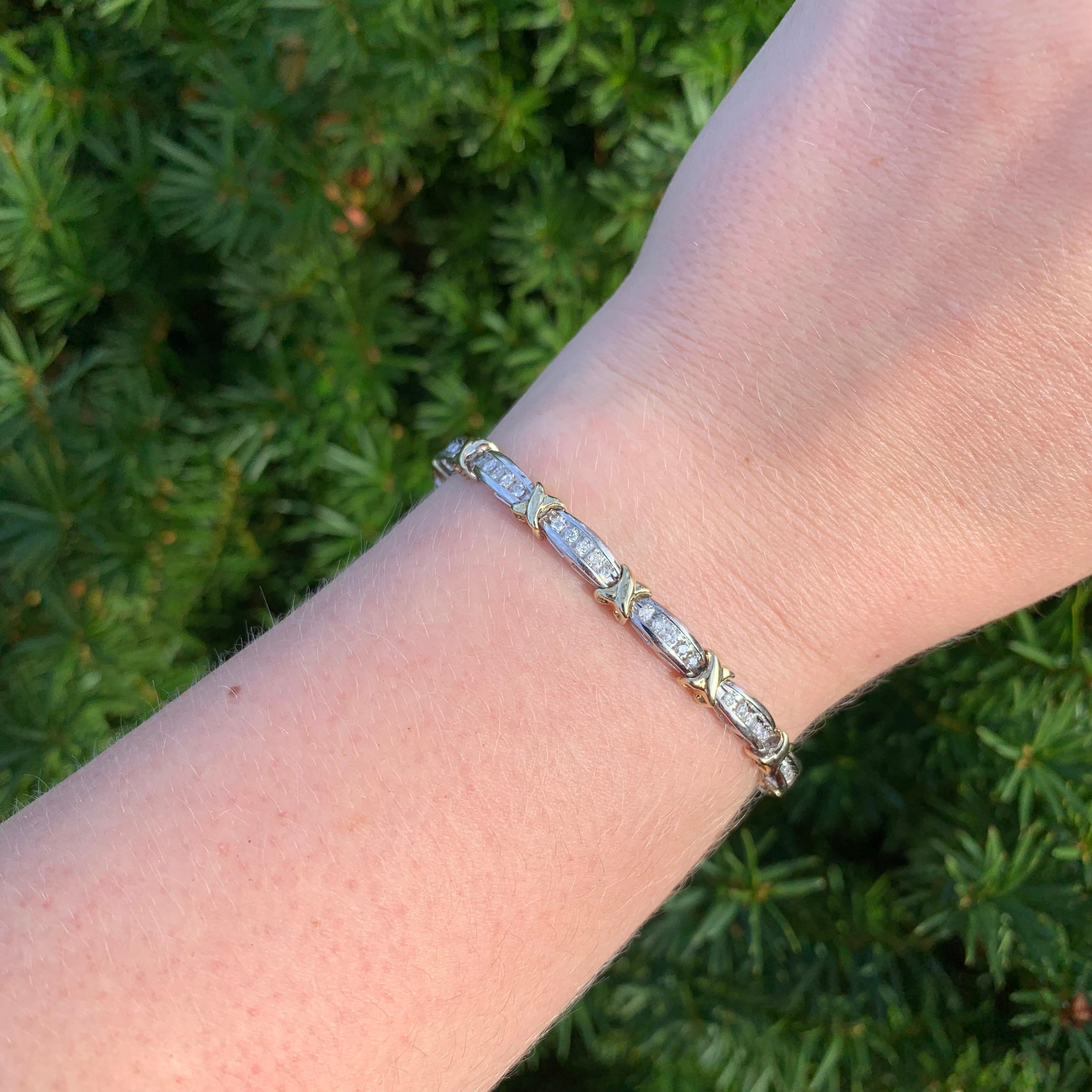 10K White Gold 1.40 carat tw Diamond Tennis Bracelet with Yellow Gold X Accents 1
