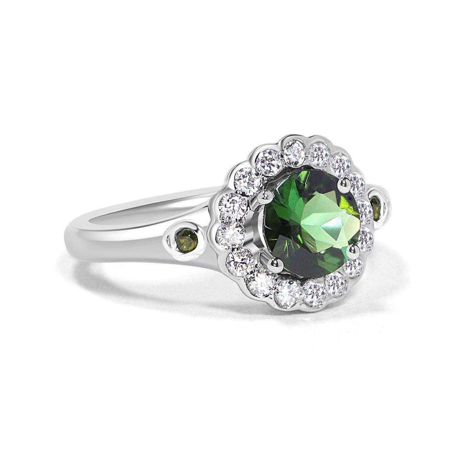 For Sale:  10k White Gold 1ct Natural Green Tourmaline & Diamond '.28t.c.w' Halo Ring 2