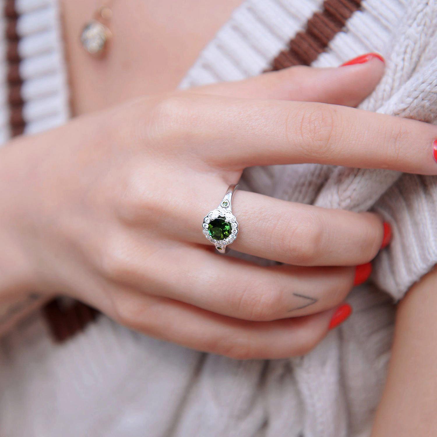 For Sale:  10k White Gold 1ct Natural Green Tourmaline & Diamond '.28t.c.w' Halo Ring 3