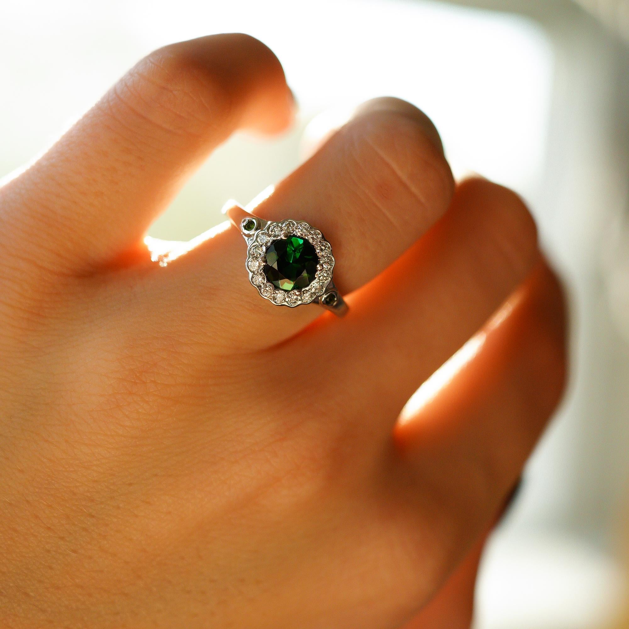 For Sale:  10k White Gold 1ct Natural Green Tourmaline & Diamond '.28t.c.w' Halo Ring 6