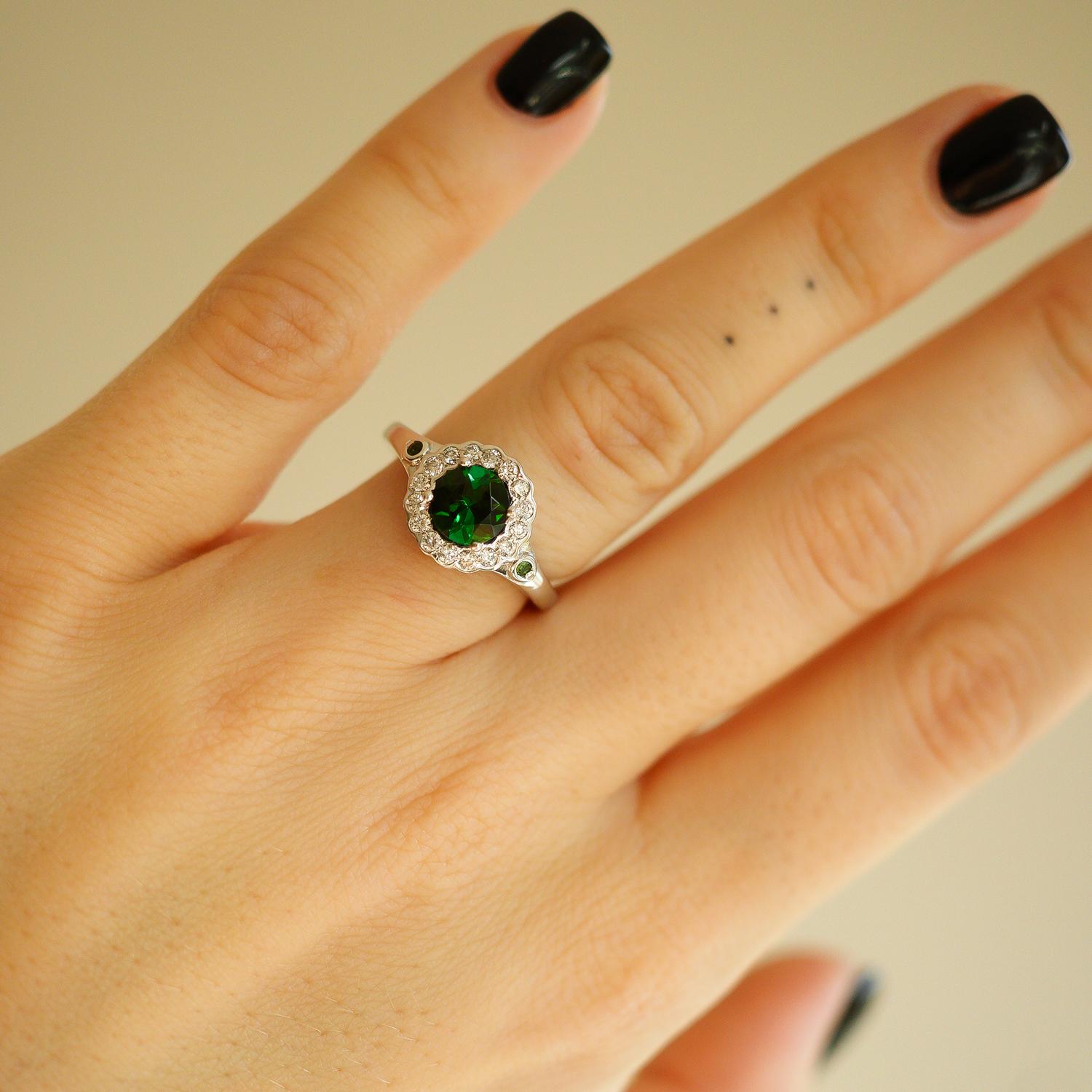For Sale:  10k White Gold 1ct Natural Green Tourmaline & Diamond '.28t.c.w' Halo Ring 7