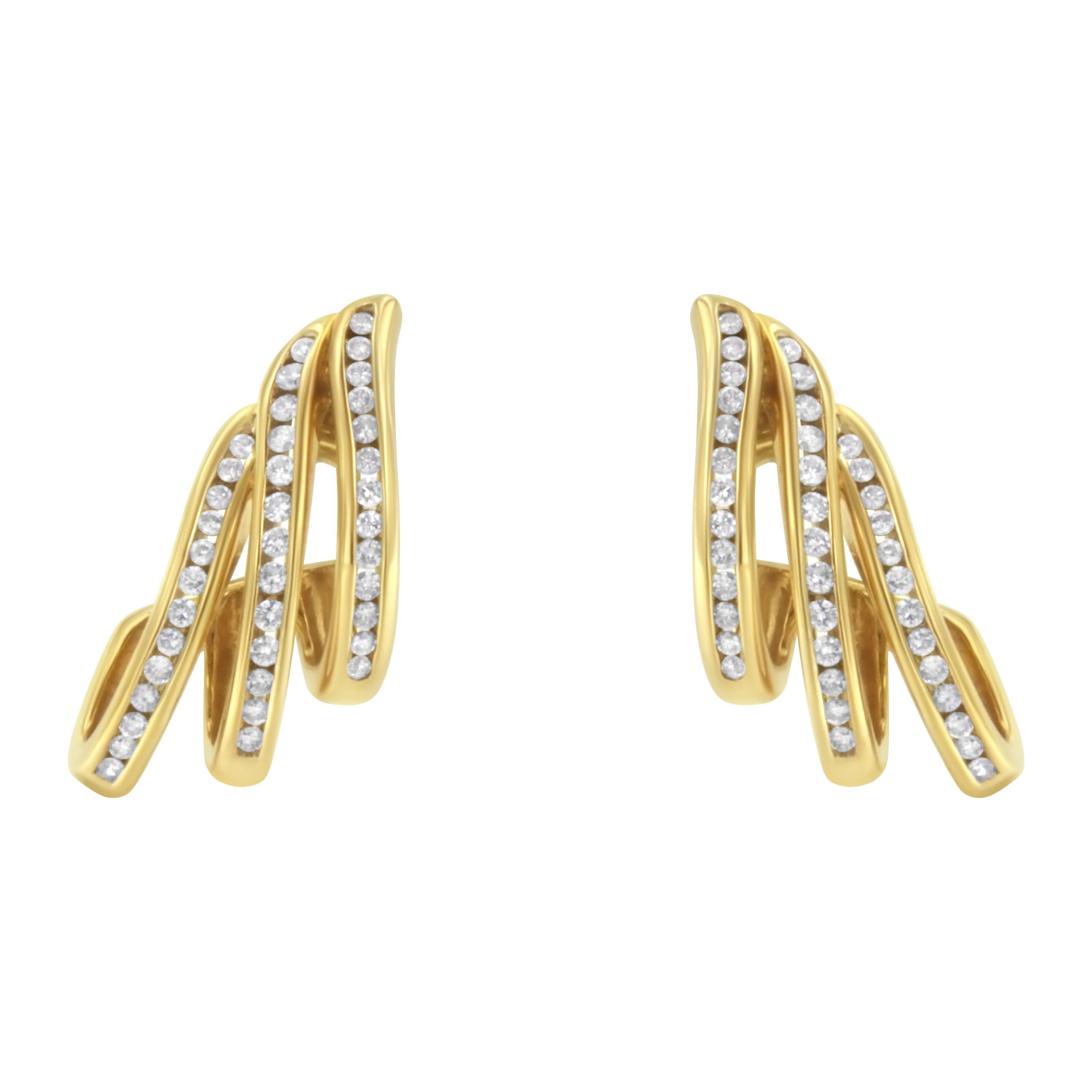 10K Yellow Gold 1.0 Carat Channel Set Diamond Spiral Multi Row Hoop Stud Earring