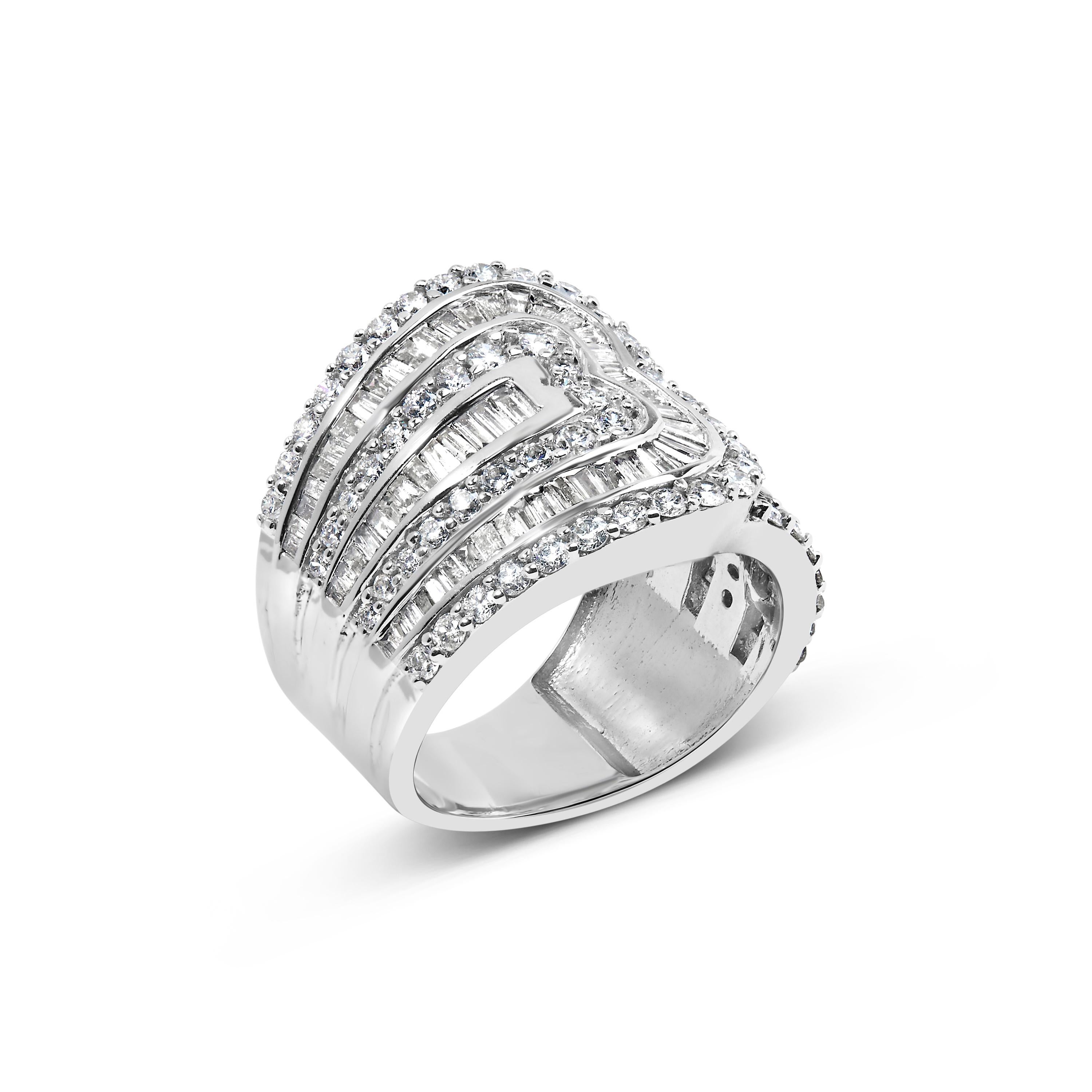 Modern 10K White Gold 2 1/2 Cttw Round and Baguette-Cut Diamond Multi-Row Bypass Ring For Sale