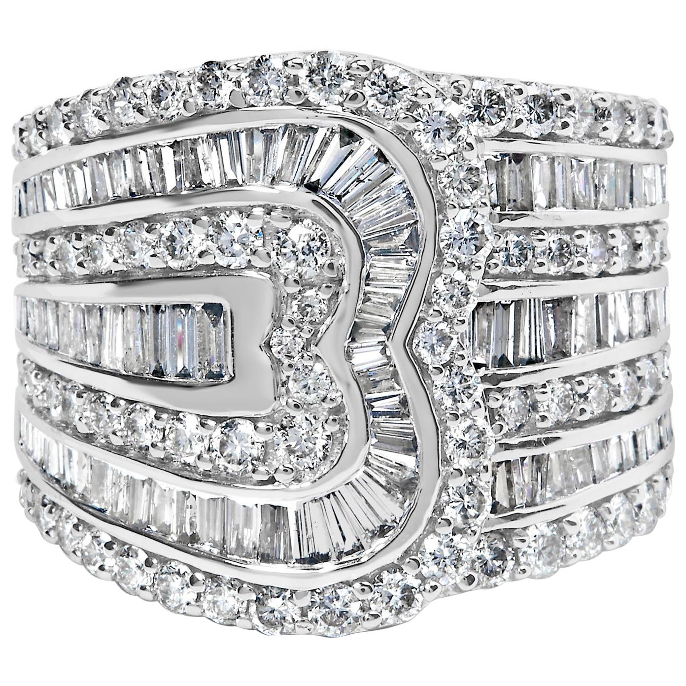 10 Karat Weißgold 2 1/2 Karat Gesamtkaratgewicht runder und Diamant im Baguetteschliff Multi-Row Bypass-Ring