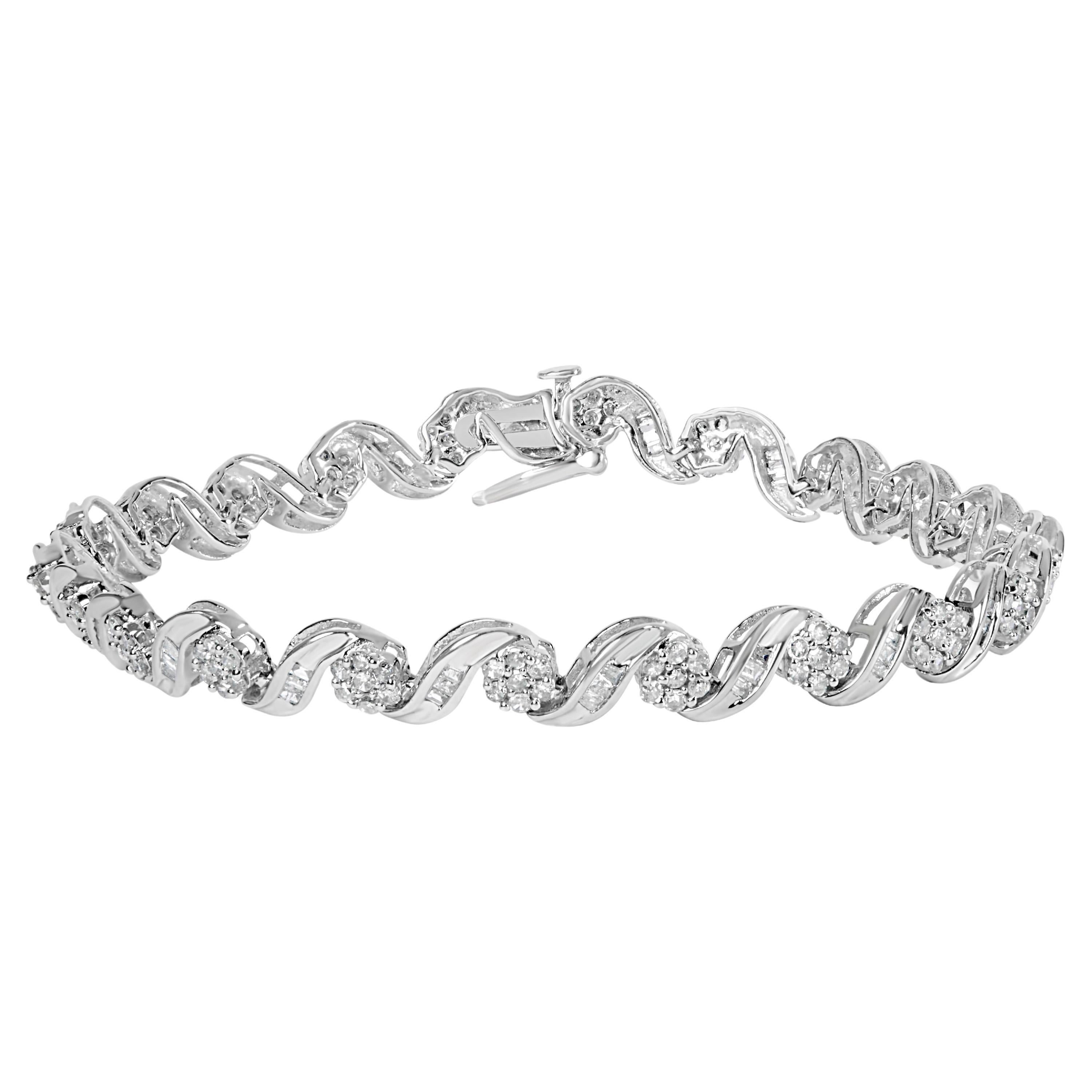 Bracelet en or blanc 10K 2.0 carats Diamond Floral Design Swirl Link 7".