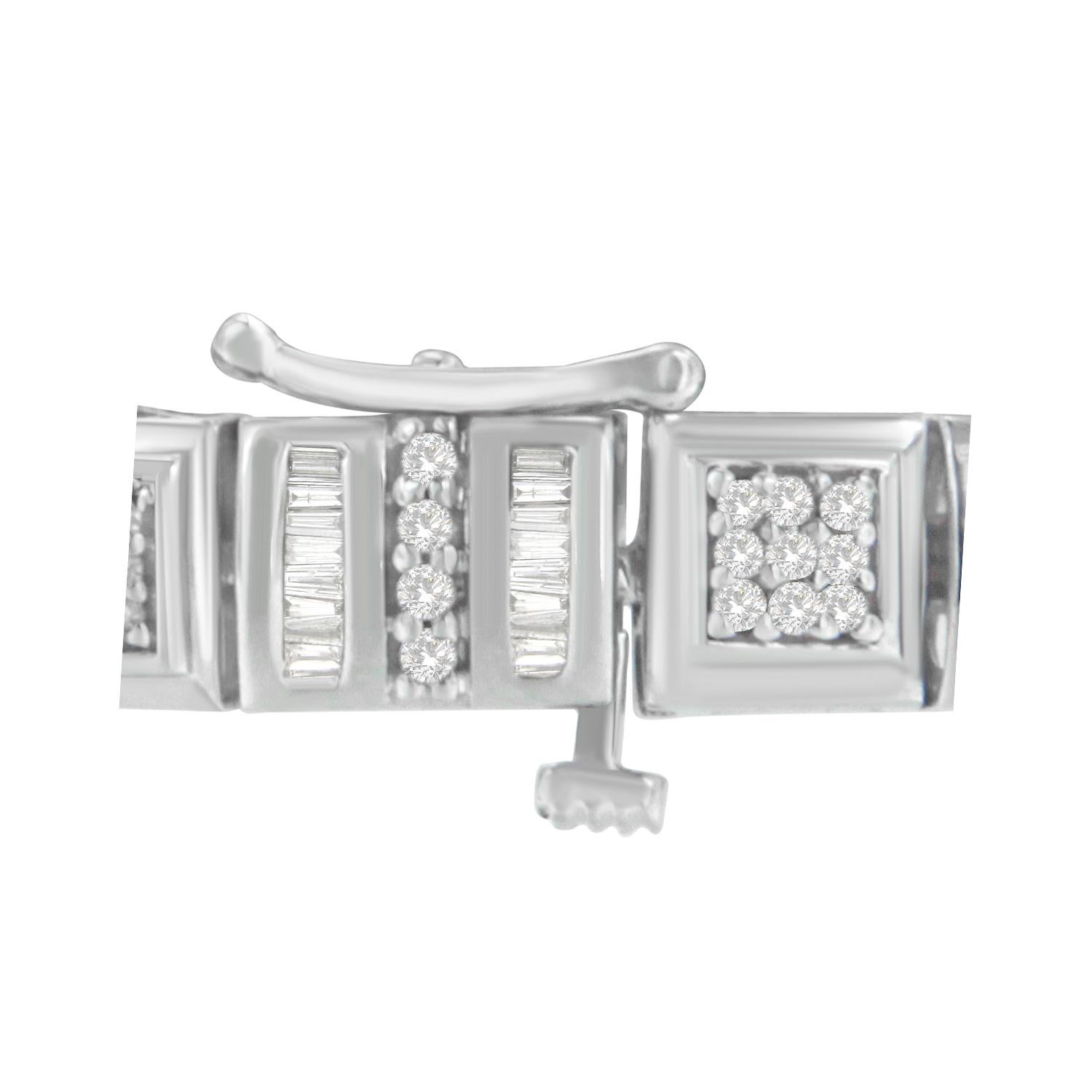 Round and baguette cut diamonds shimmer against a white gold finish on this exquisite two-carat diamond bracelet. Each square link comes together, creating a unique geometric design sure to dazzle her. Bracelet has 300 natural, round diamonds. Each