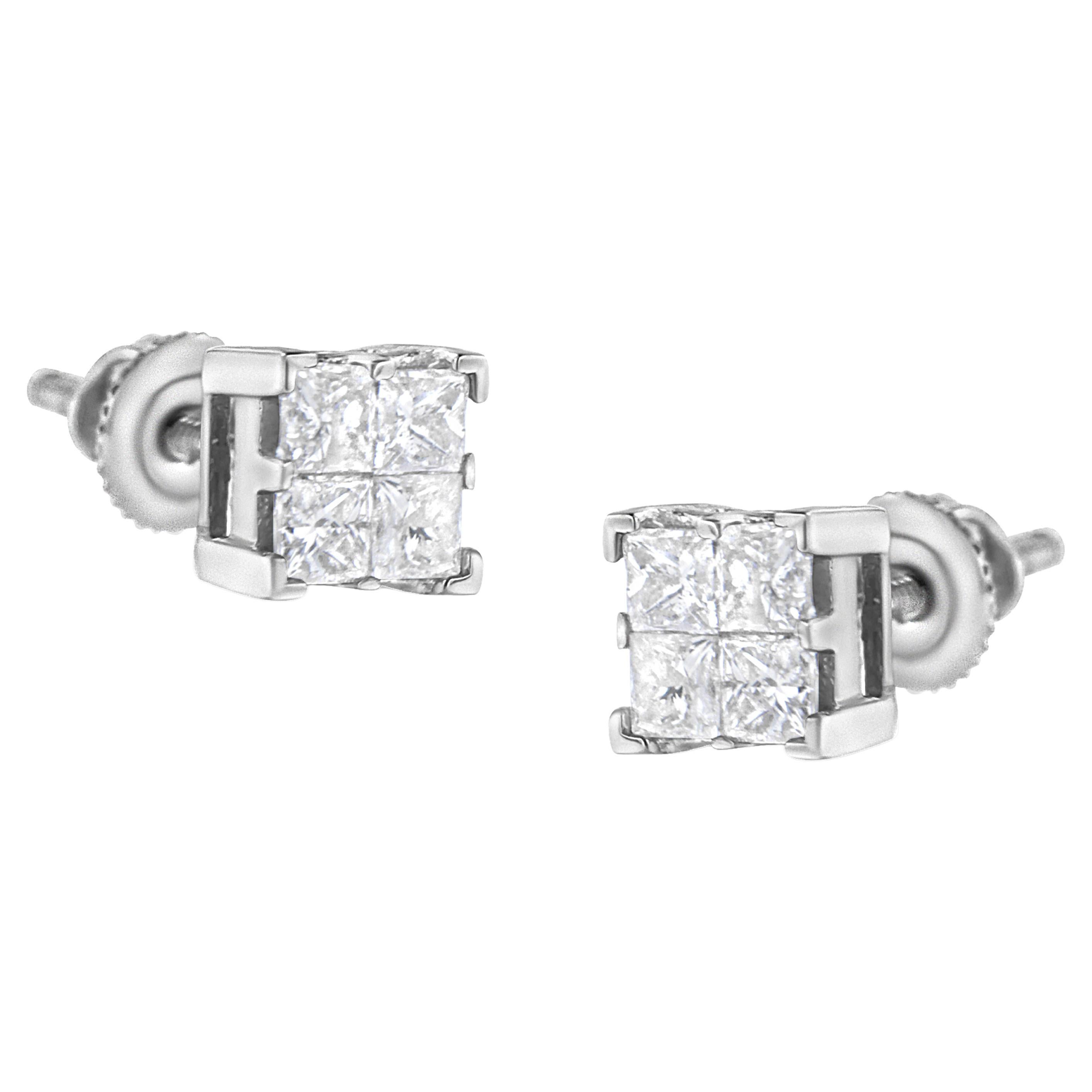 10K White Gold 3/4 Carat Diamond Composite Square Stud Earrings For Sale