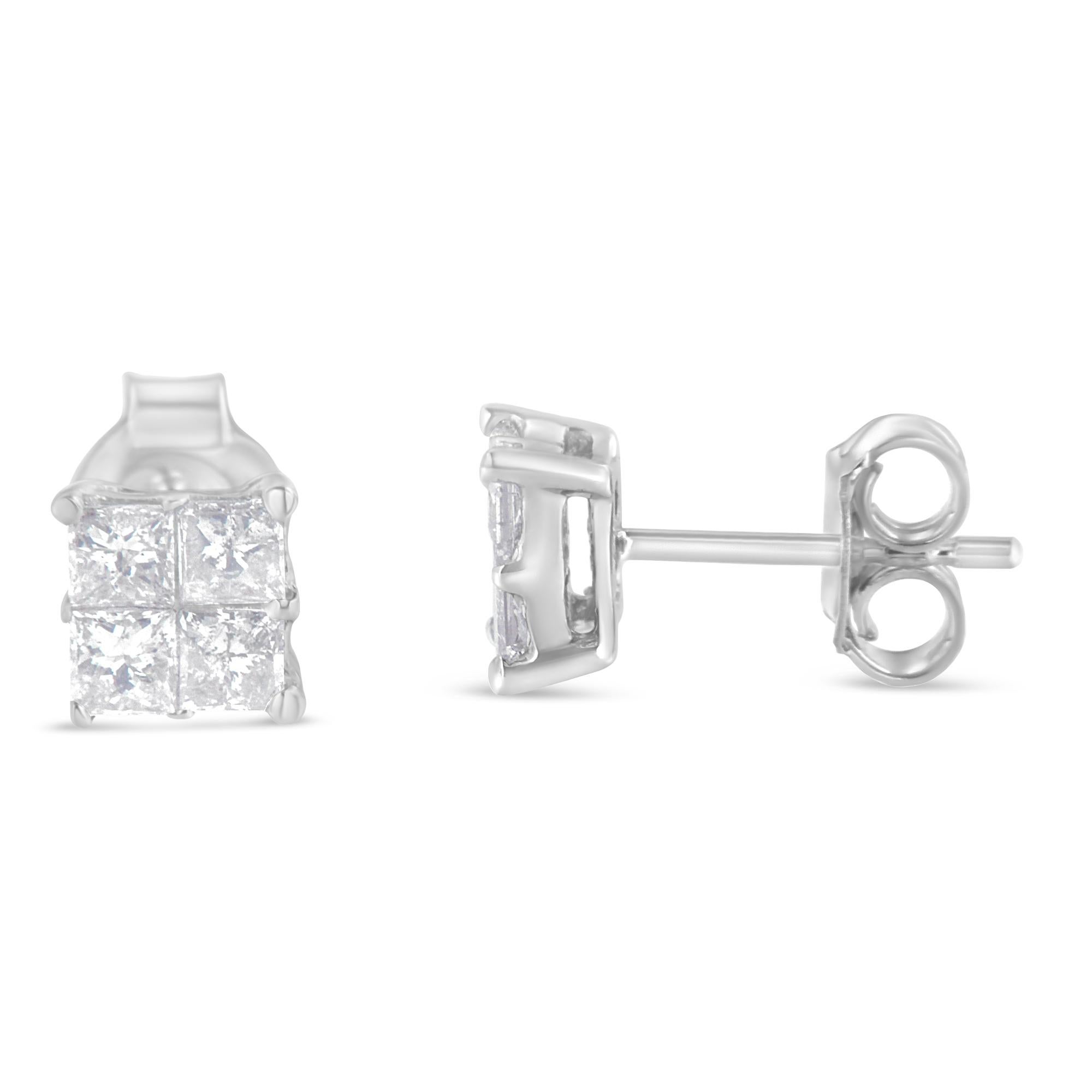 Elegant stud earrings made with the 10k white gold and genuine princess cut diamonds. This marvelous piece features 8, invisible set princess shaped diamonds for a bigger, seamless diamond look. The white gold classic squared design is framed with 4
