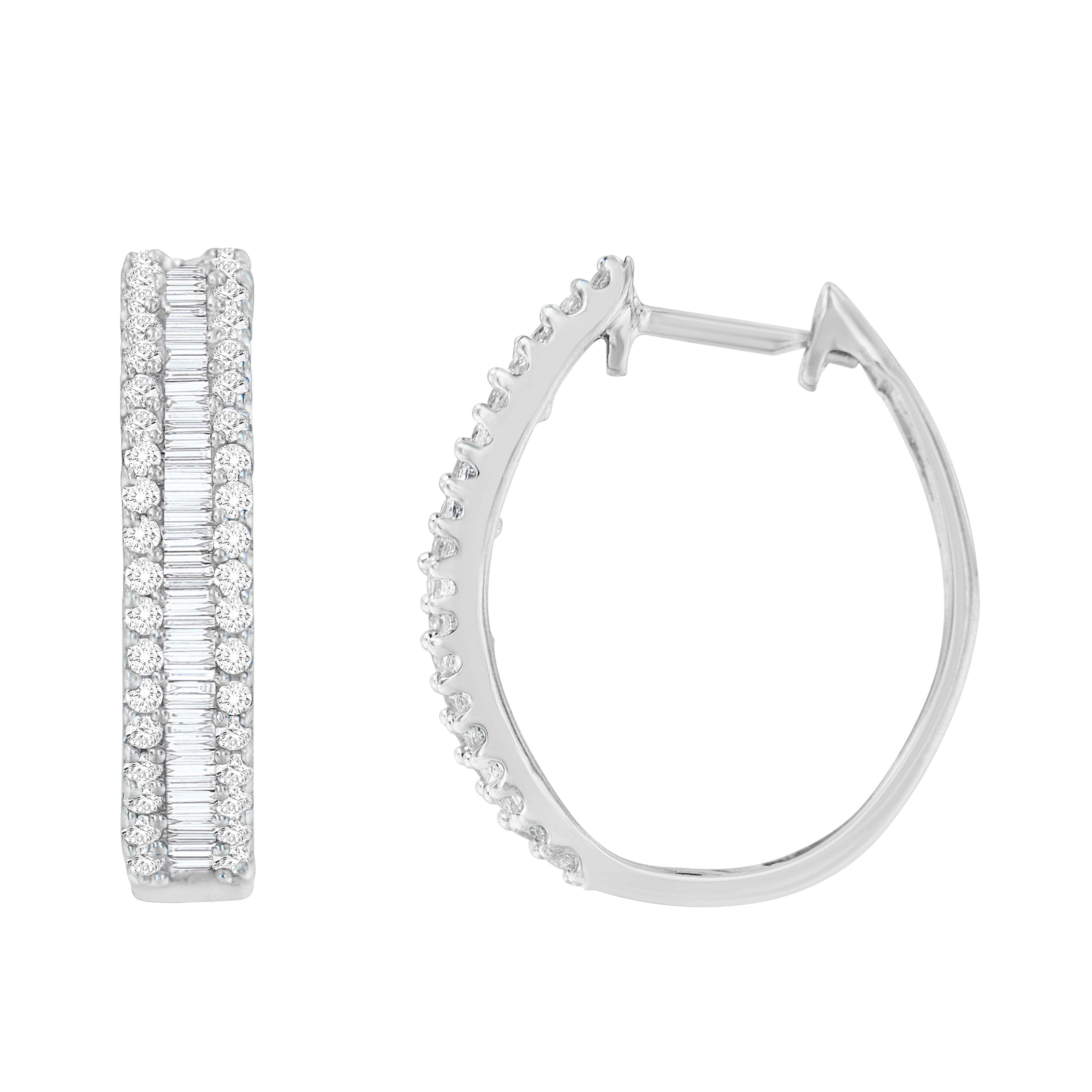 Contemporary 10K White Gold 3/4 Carat Diamond Hoop Earrings For Sale