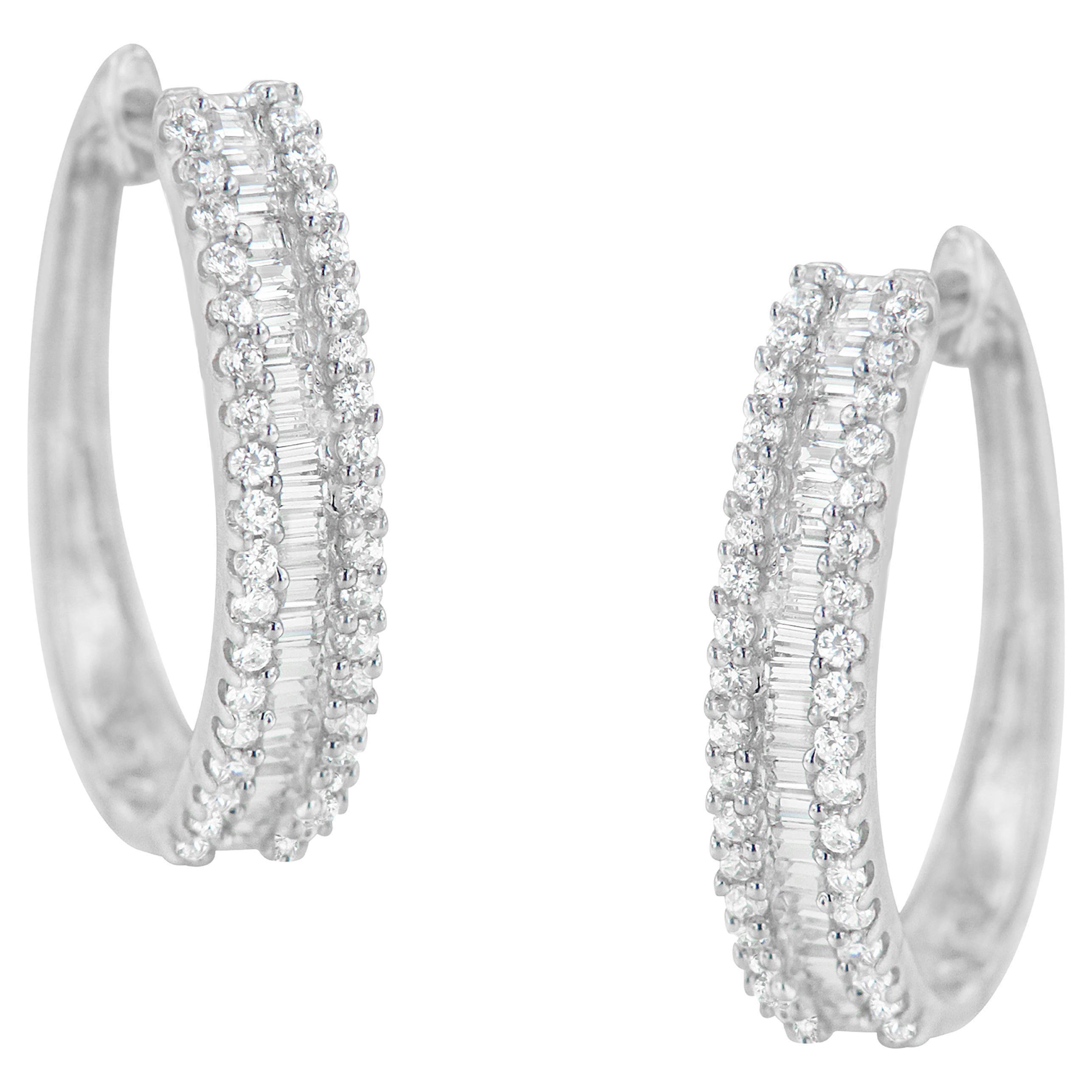 10K White Gold 3/4 Carat Diamond Hoop Earrings For Sale