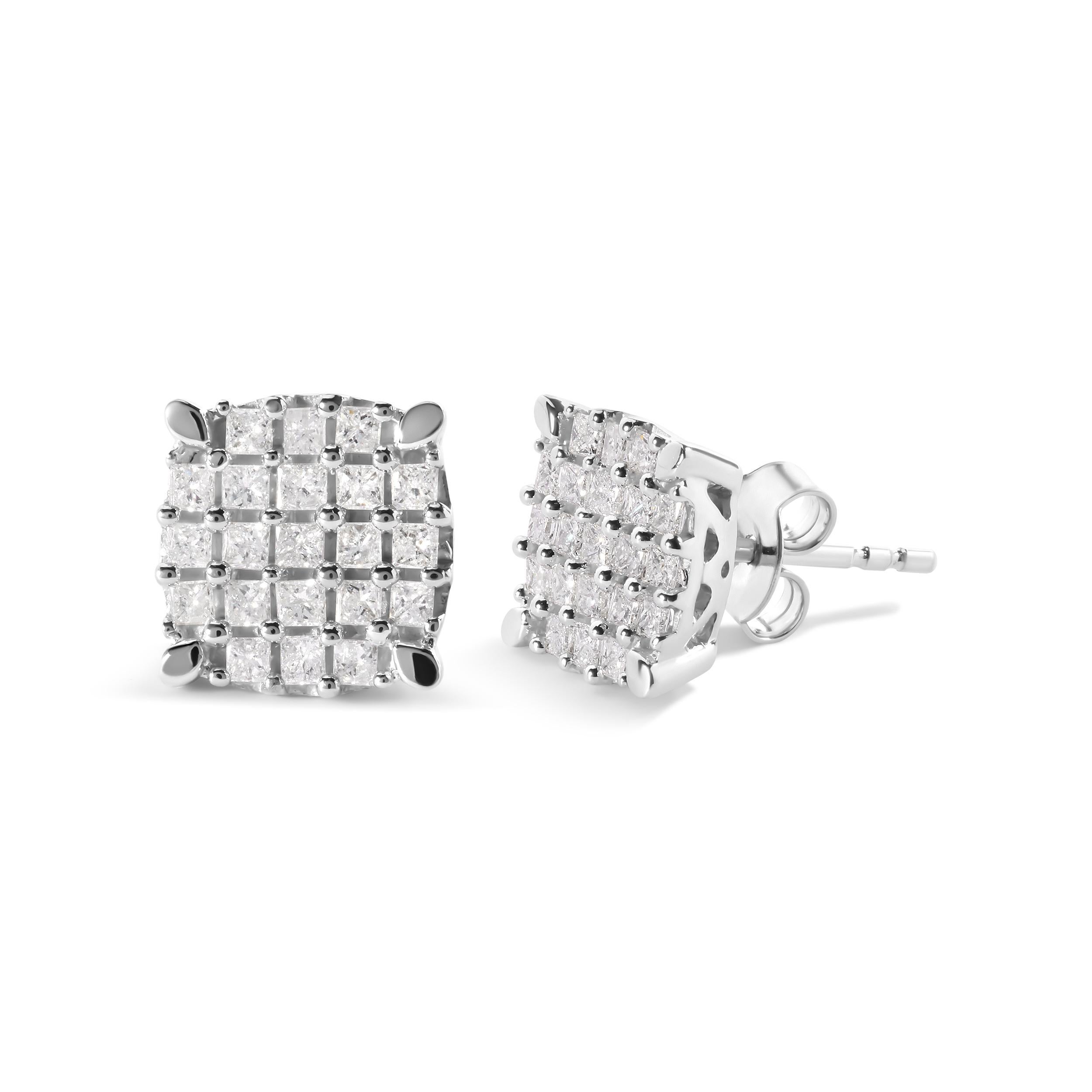 Introducing our stunning 10K white gold stud earrings, a true marvel of craftsmanship and beauty. These earrings feature a unique cushion shape design, adorned with 42 natural princess cut diamonds that sparkle and shine with a total weight of 3/4
