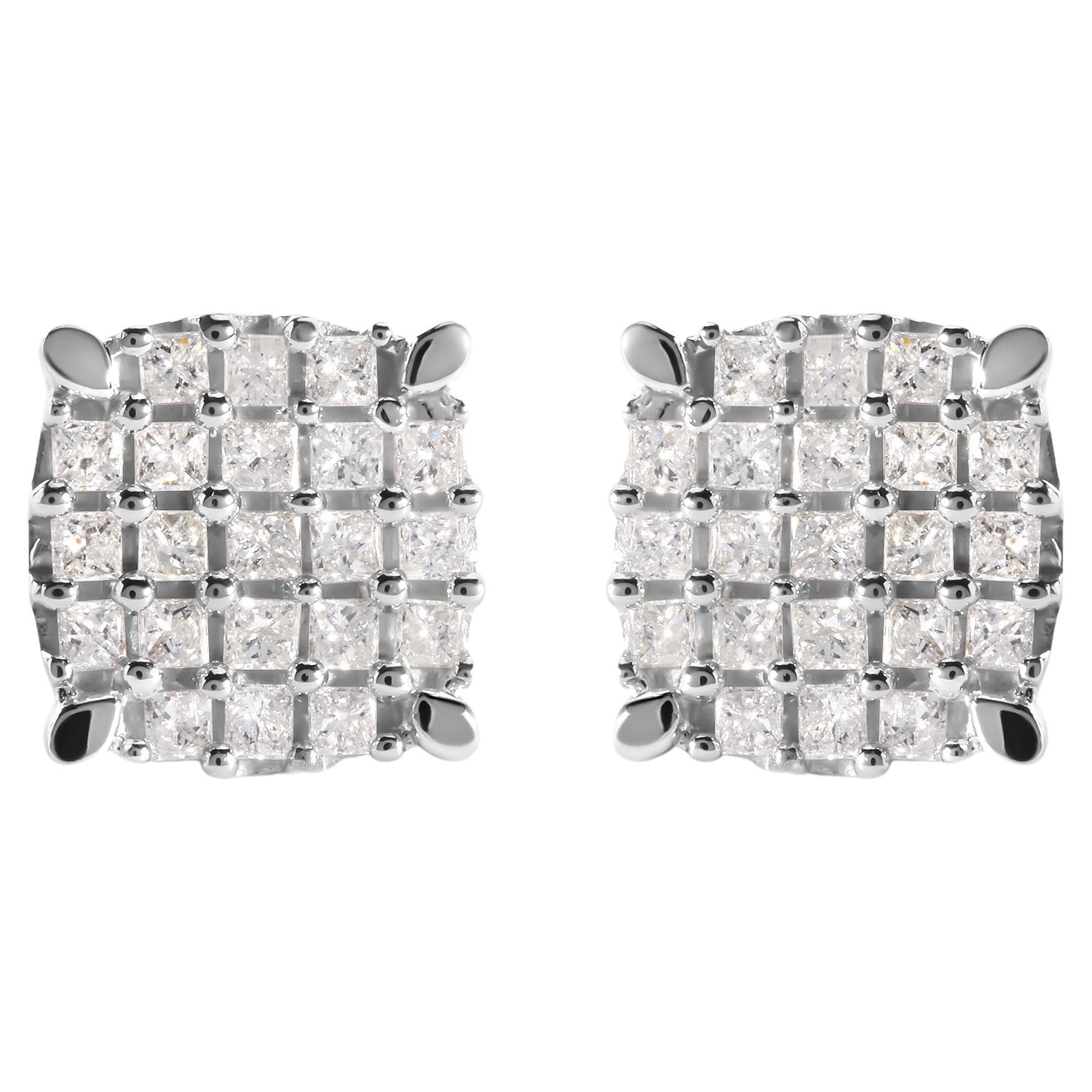 Boucles d'oreilles en or blanc 10 carats 3/4 carats Princesse Diamant Composite en forme de coussin