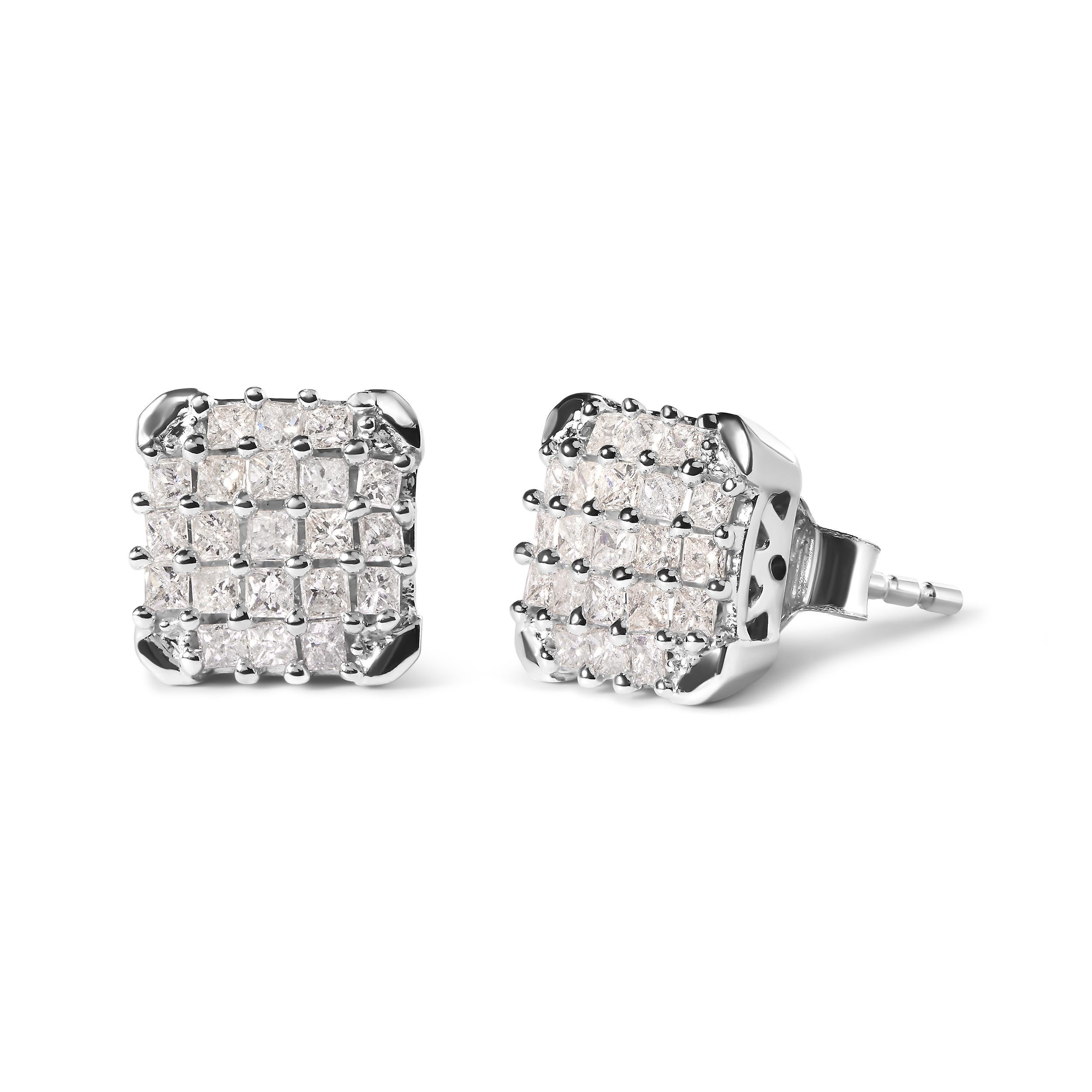Indulge in the exquisite beauty of these 10K white gold diamond composite stud earrings. Adorned with 42 natural princess diamonds, these earrings boast a total weight of 3/4 cttw. The open frame design adds a touch of elegance, while the prong