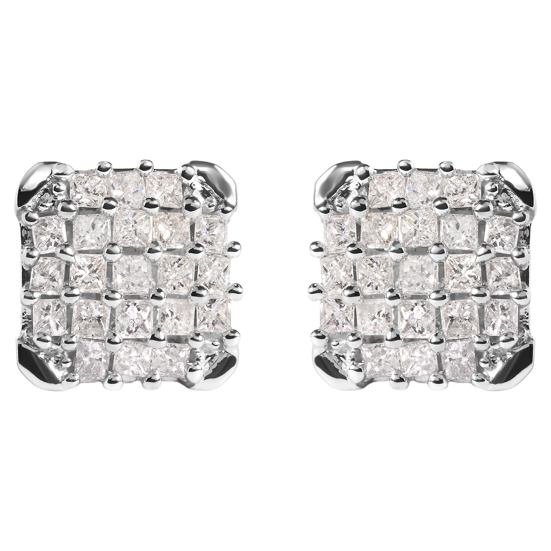 10K White Gold 3/4 Carat Princess Diamond Composite Open Frame Stud Earrings For Sale