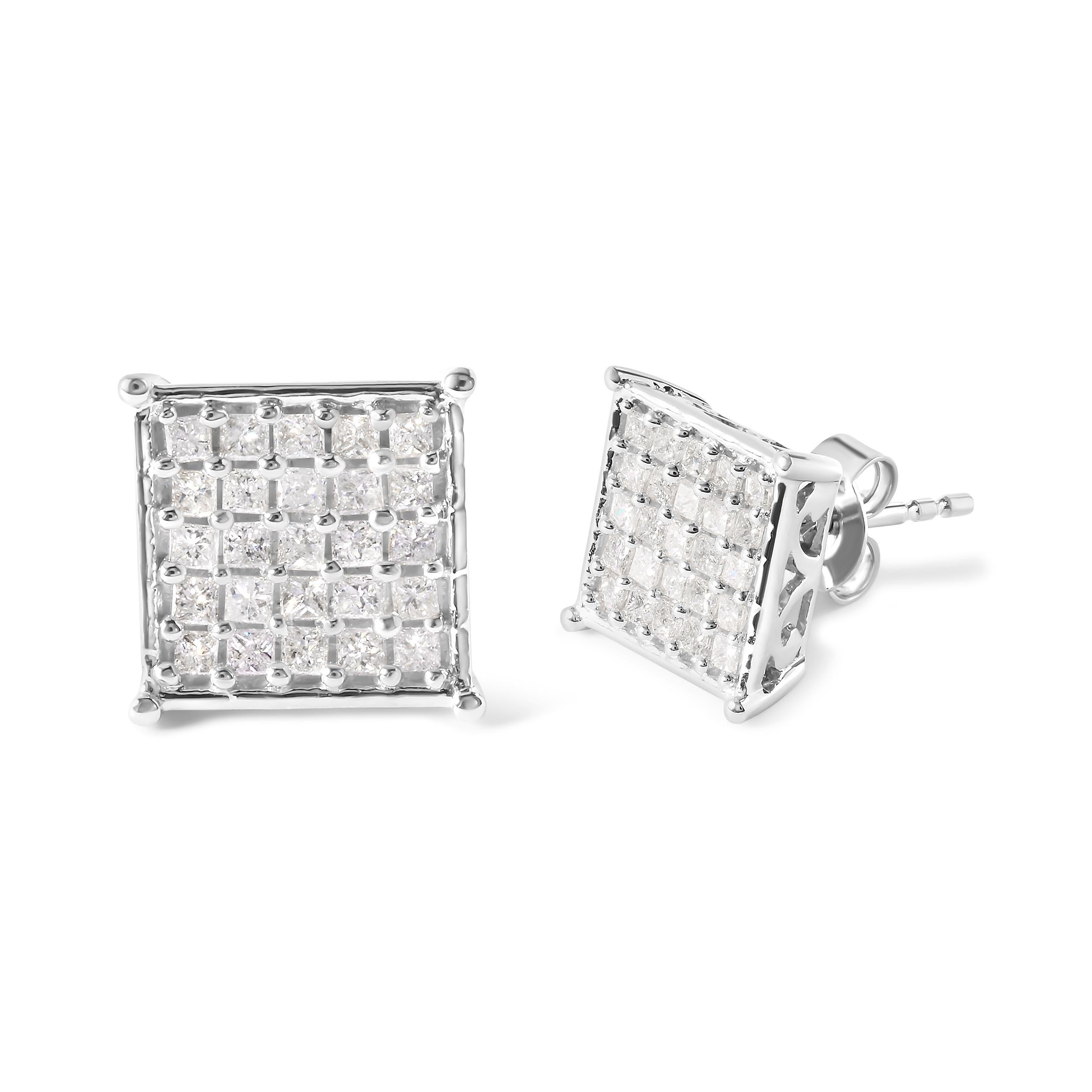 Indulge in the timeless elegance of these stunning diamond composite stud earrings, crafted from 10K white gold. With a total of 50 natural princess-cut diamonds, these earrings boast a substantial 3/4 cttw, ensuring you'll sparkle from every angle.