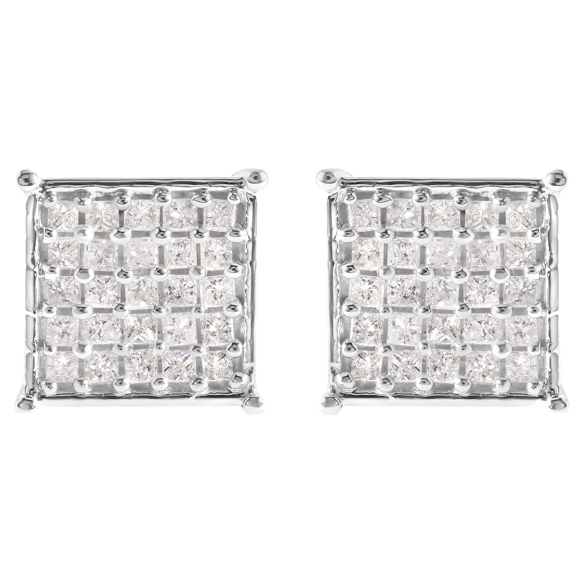 10K White Gold 3/4 Carat Princess Diamond Composite Stud Earrings