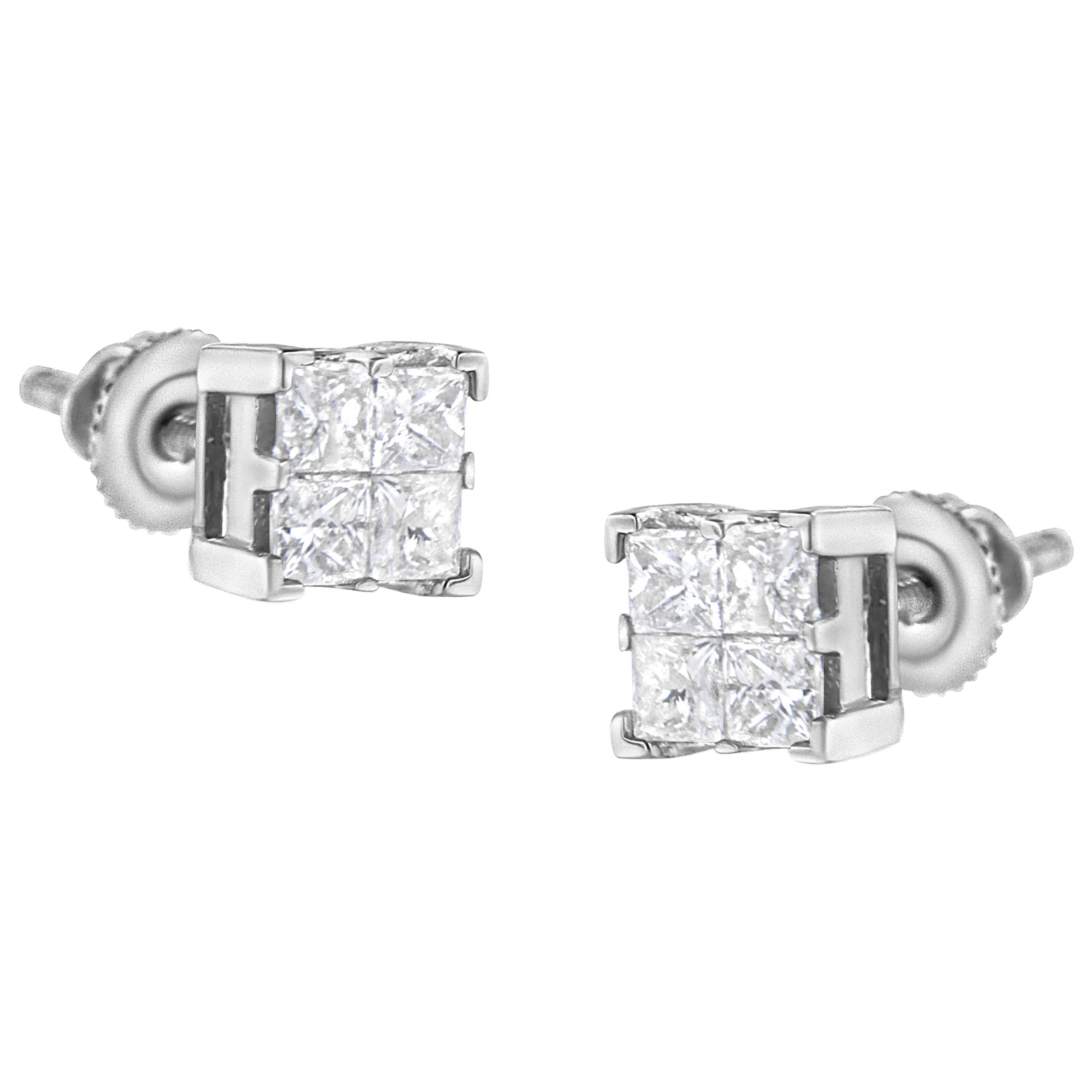 10K White Gold 3/4 Carat Princess-Cut Diamond Composite Square Stud Earrings For Sale