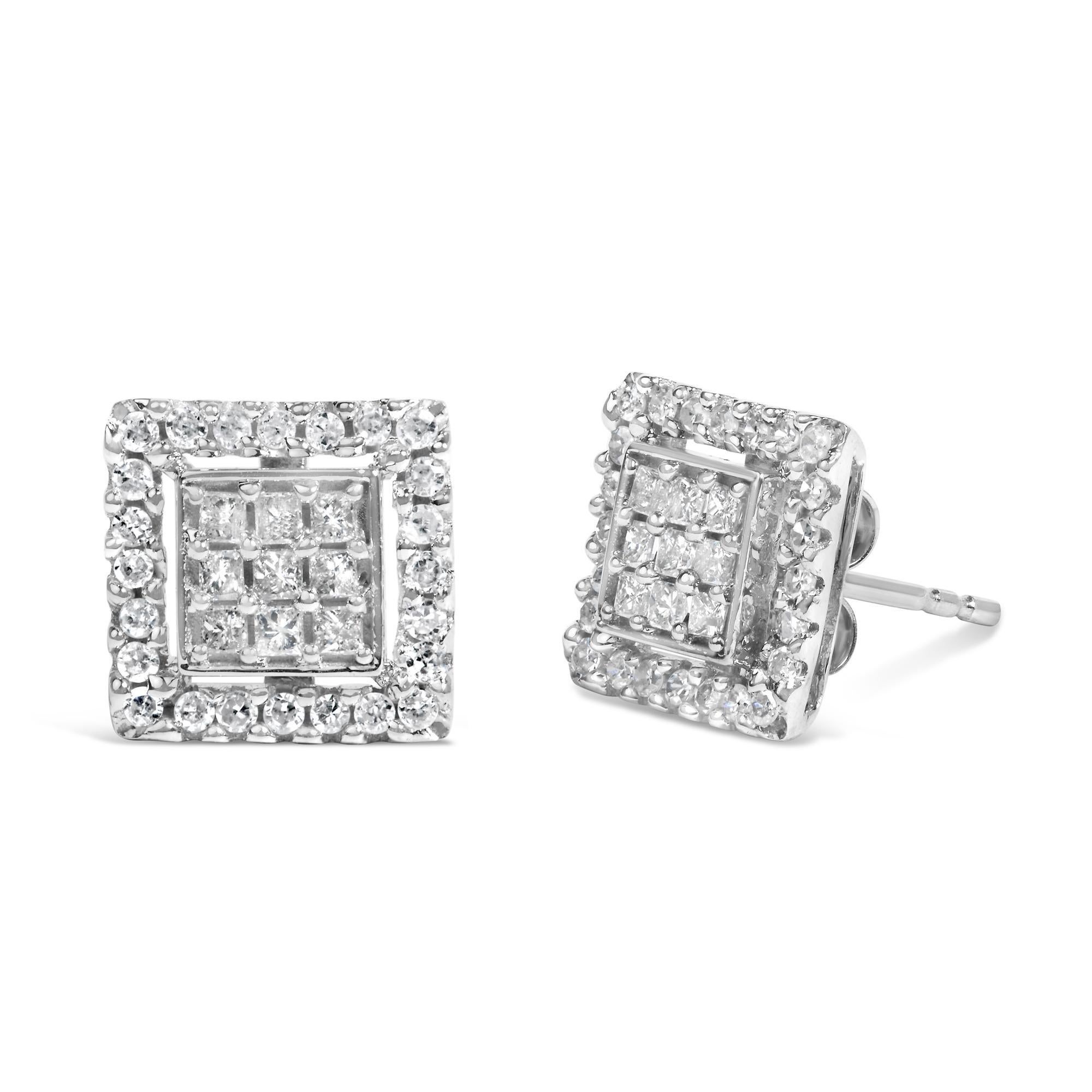 Découvrez le summum de l'élégance avec ces boucles d'oreilles en or blanc 10 carats plaqué rhodium pour un éclat inégalé. Au cœur de chaque collier se trouve un composite époustouflant de neuf diamants naturels de taille princesse, disposés de
