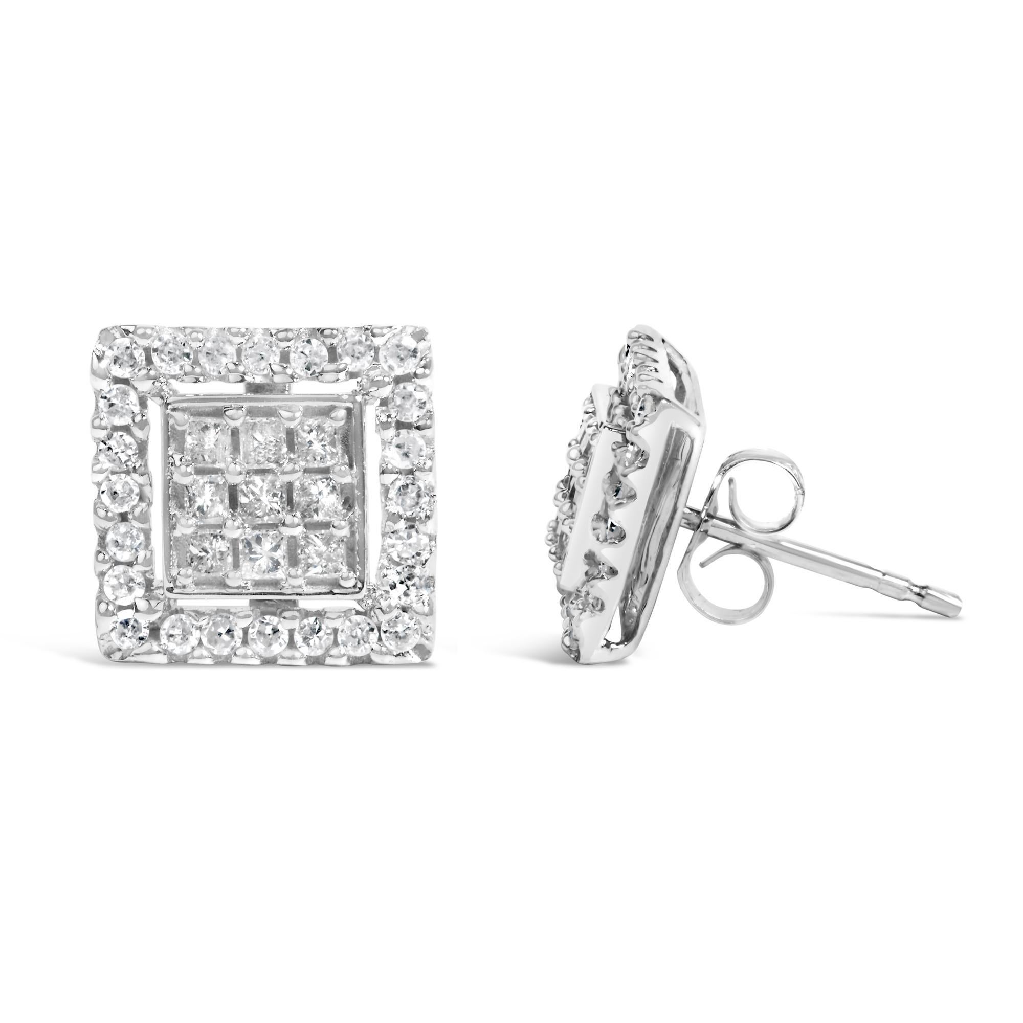 Moderne Clous d'oreilles en or blanc 10 carats composite de diamants princesses 3/4 carat