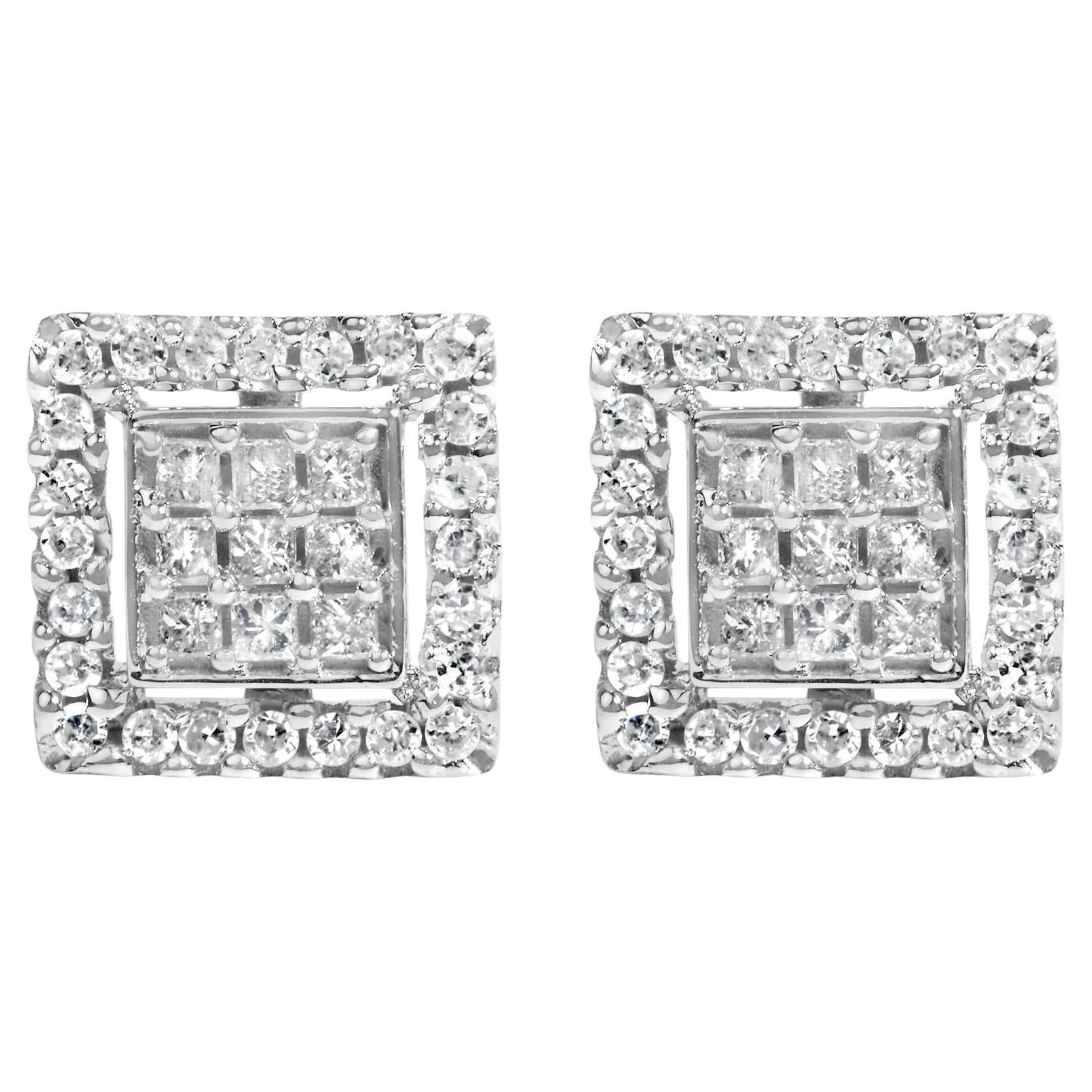 Clous d'oreilles en or blanc 10 carats composite de diamants princesses 3/4 carat