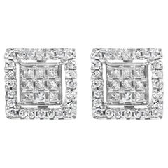 Clous d'oreilles en or blanc 10 carats composite de diamants princesses 3/4 carat