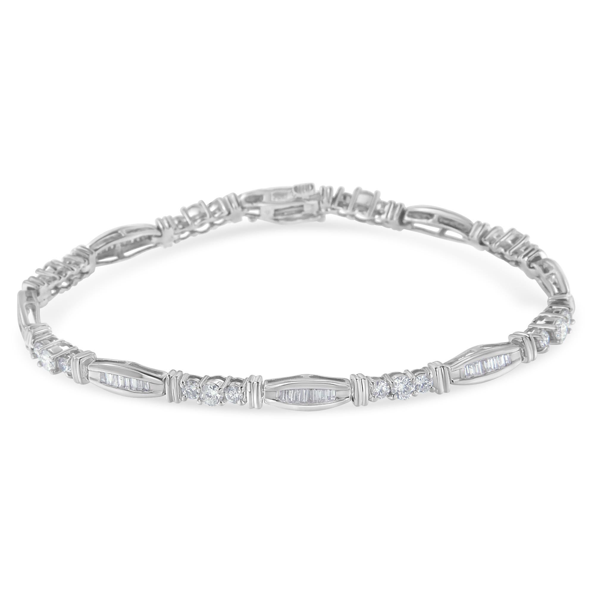 Deluxe tennis bracelet featuring a geometric pattern embellished with 86 genuine diamonds and made with 10k white gold. It presents a 3ct total diamond weight and two different diamond shapes, one with a round cut and a prong setting and the other