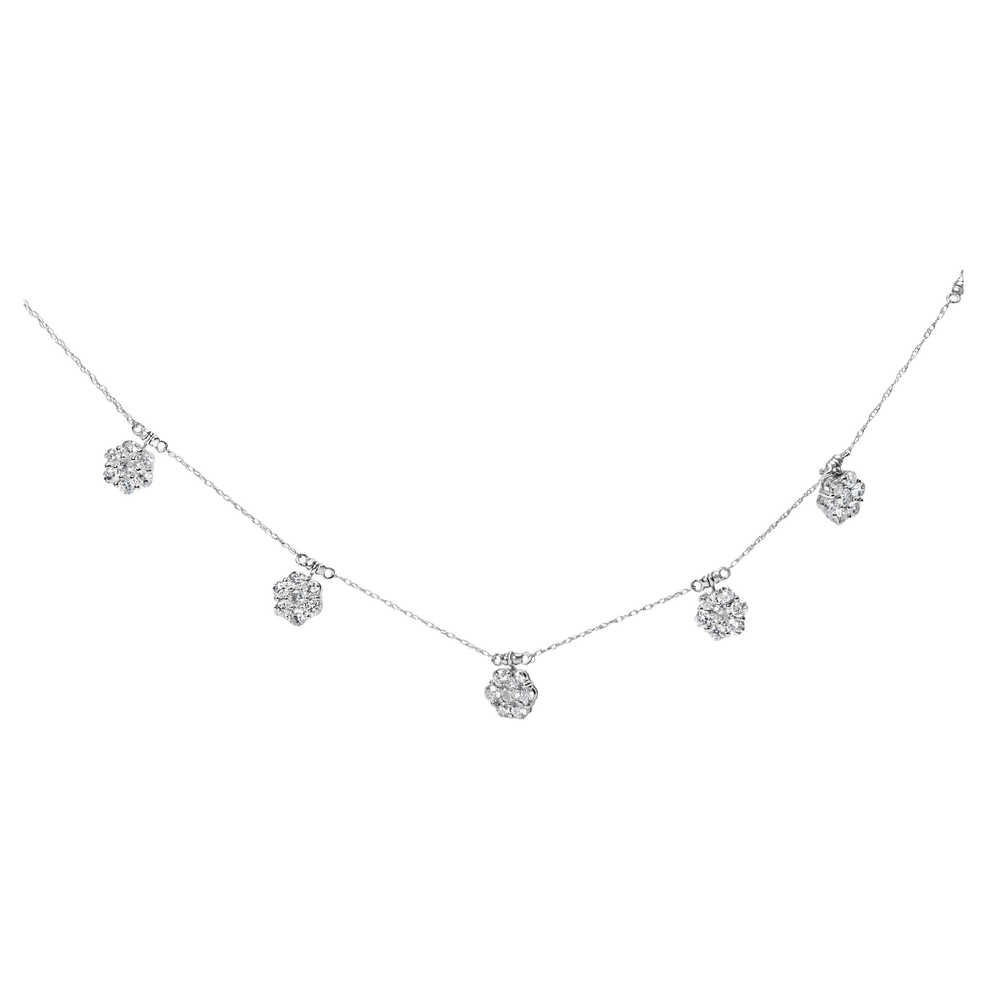 10K White Gold 3.0 Carat Round-Cut Diamond 7 Stone Cluster Station Necklace For Sale