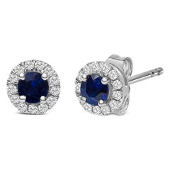 10K White Gold 3.25x3.25mm Blue Sapphire and 1/10 Cttw Diamond Halo Stud Earring