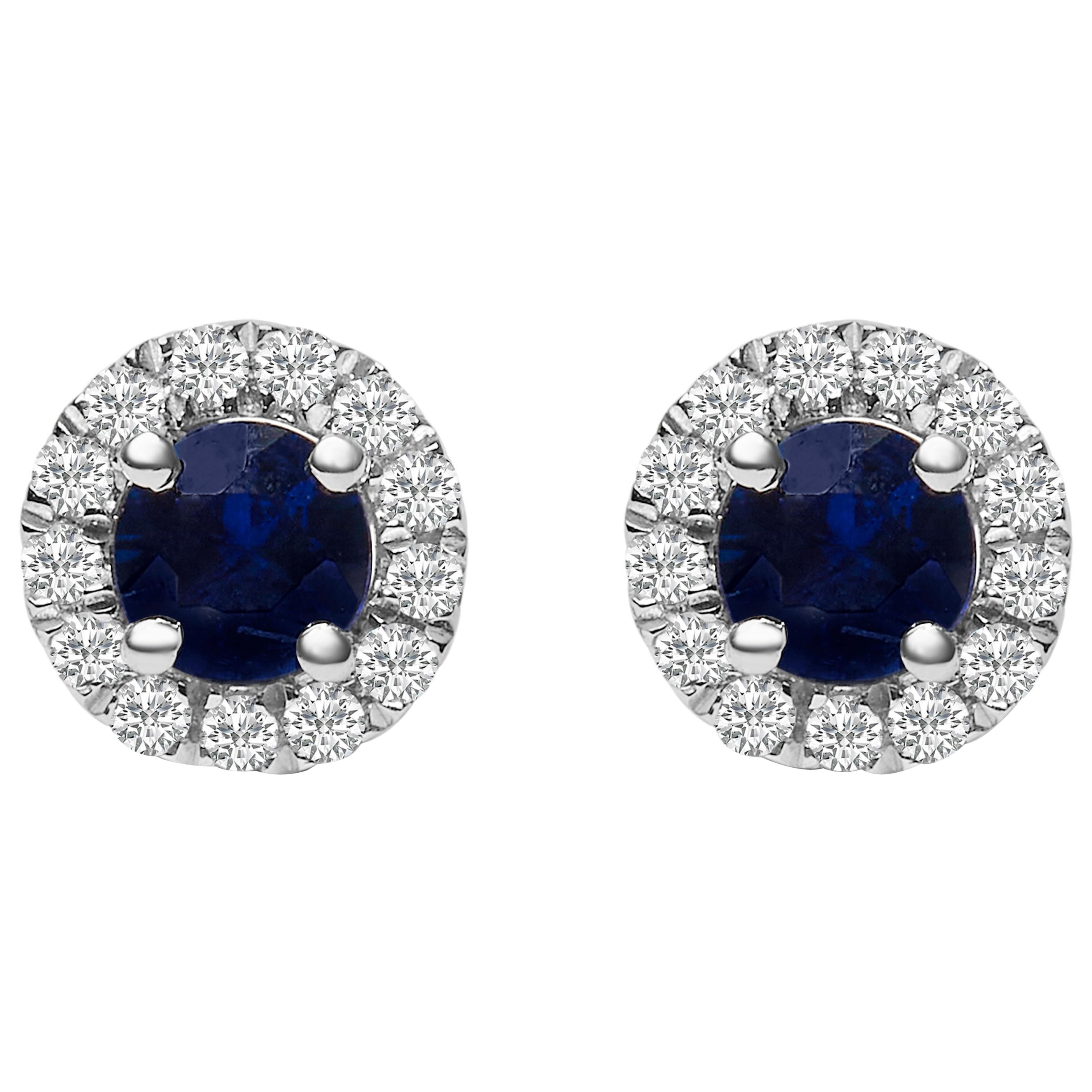 Clous d'oreilles en or blanc 10 carats avec saphir bleu de 3,25 x 3,25 mm et diamants de 1/10 carat poids total