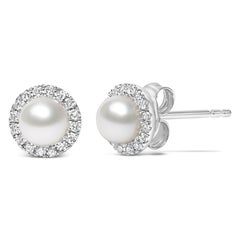 10K White Gold 4.5mm Cultured Freshwater Pearl & 1/7ct Diamond Halo Stud Earring