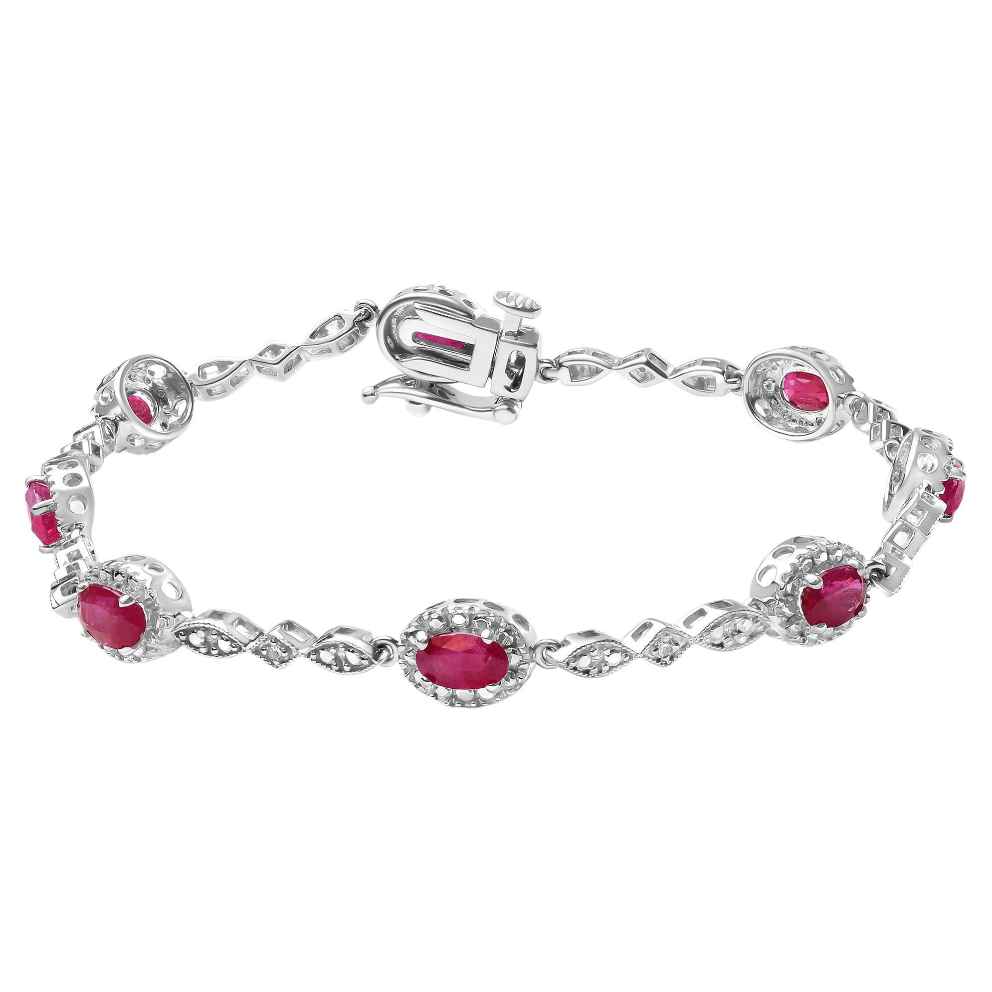 10k White Gold Oval Ruby and Diamond Link Bracelet