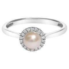 10K White Gold 5MM Cultured Freshwater Pearl and Diamond Halo Ring