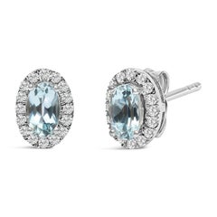10K White Gold 5x3 MM Oval Blue Aquamarine and Diamond Halo Stud Earrings